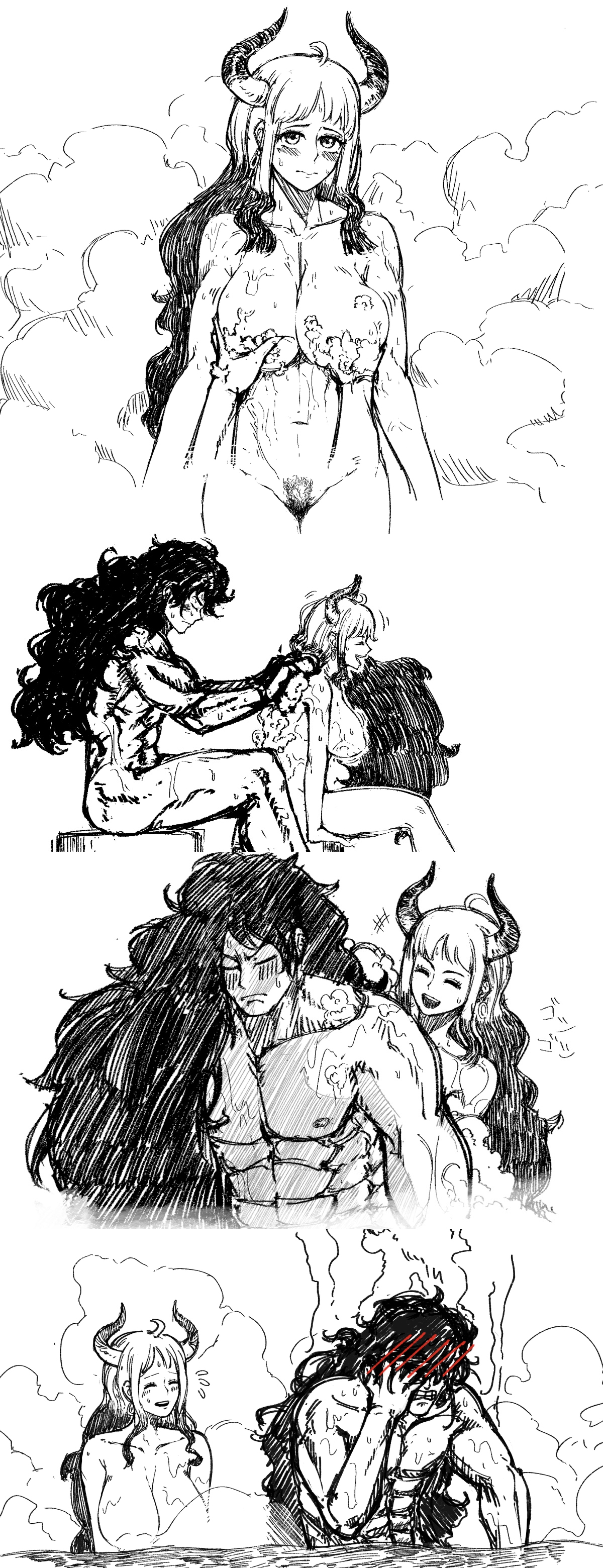 1boy, 1girls, abs, bathing, bathing together, black hair, brain bbq, duo, female, horns, kozuki momonosuke, long hair, male, mixed bathing, monochrome, one piece, onsen, wano country, water, white hair, yamato (one piece)
