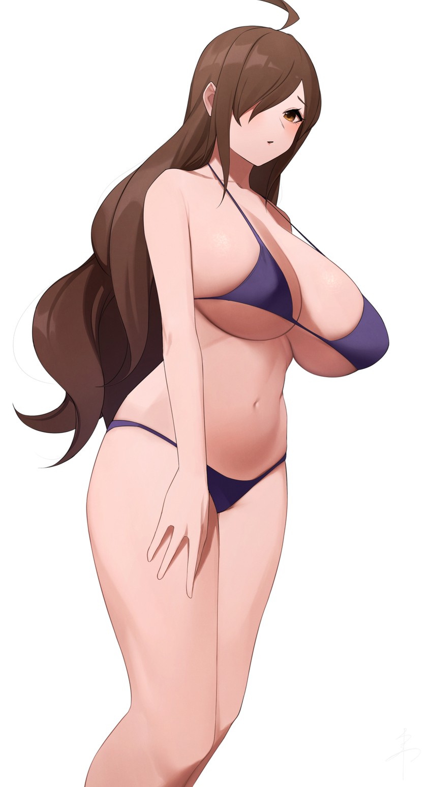 1girls, ahoge, bangs, bare shoulders, big breasts, bikini, breasts, brown eyes, brown hair, collarbone, dutch angle, feet out of frame, female, flipped hair, furrowed brow, hair over one eye, halterneck, kono subarashii sekai ni shukufuku wo!, large breasts, long hair, looking at viewer, micro bikini, navel, parted lips, purple bikini, senju (snz0), sidelocks, simple background, skindentation, solo, standing, strap gap, swept bangs, swimsuit, underboob, very long hair, white background, wiz (konosuba)