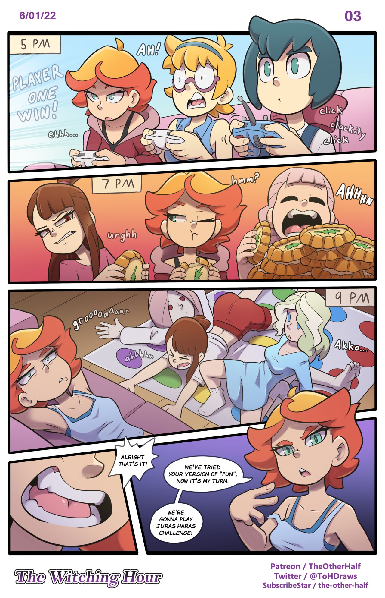 6+girls akko_kagari amanda_o'neill comic english_text female female_only little_witch_academia page_3 speech_bubble tagme the_other_half the_witching_hour twister twitter_username video_games