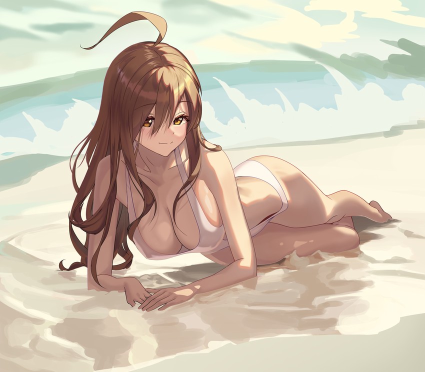 1girls, ahoge, bare shoulders, beach, big breasts, bikini, breasts, brown eyes, brown hair, cleavage, collarbone, female, hair between eyes, kono subarashii sekai ni shukufuku wo!, large breasts, long hair, looking at viewer, lying, ocean, on side, solo, swimsuit, water, white bikini, wiz (konosuba)