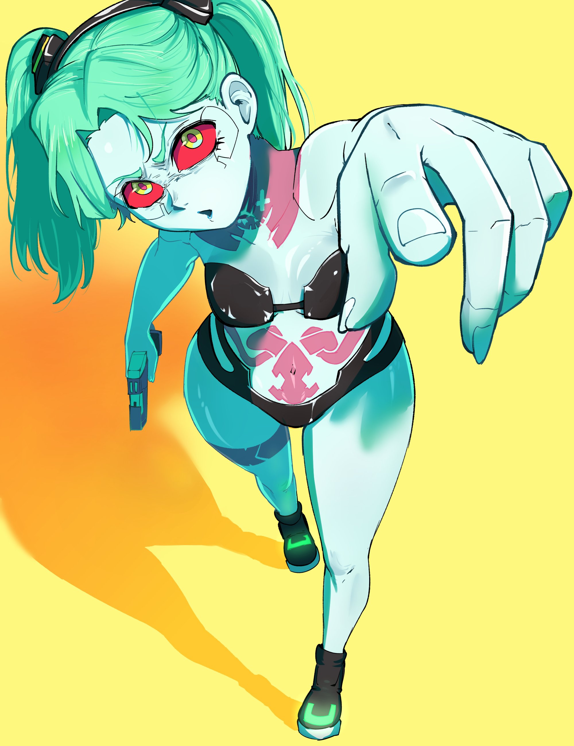 1girls, ass, bikini, breasts, clothing, cyberpunk 2077, cyberpunk: edgerunners, female, female only, firearm, footwear, green body, green hair, green skin, handgun, hentaly, human, long hair, looking at viewer, pale skin, rebecca (edgerunners), robot, shortstack, solo, thick thighs, thighs, tomboy, weapon, yellow background
