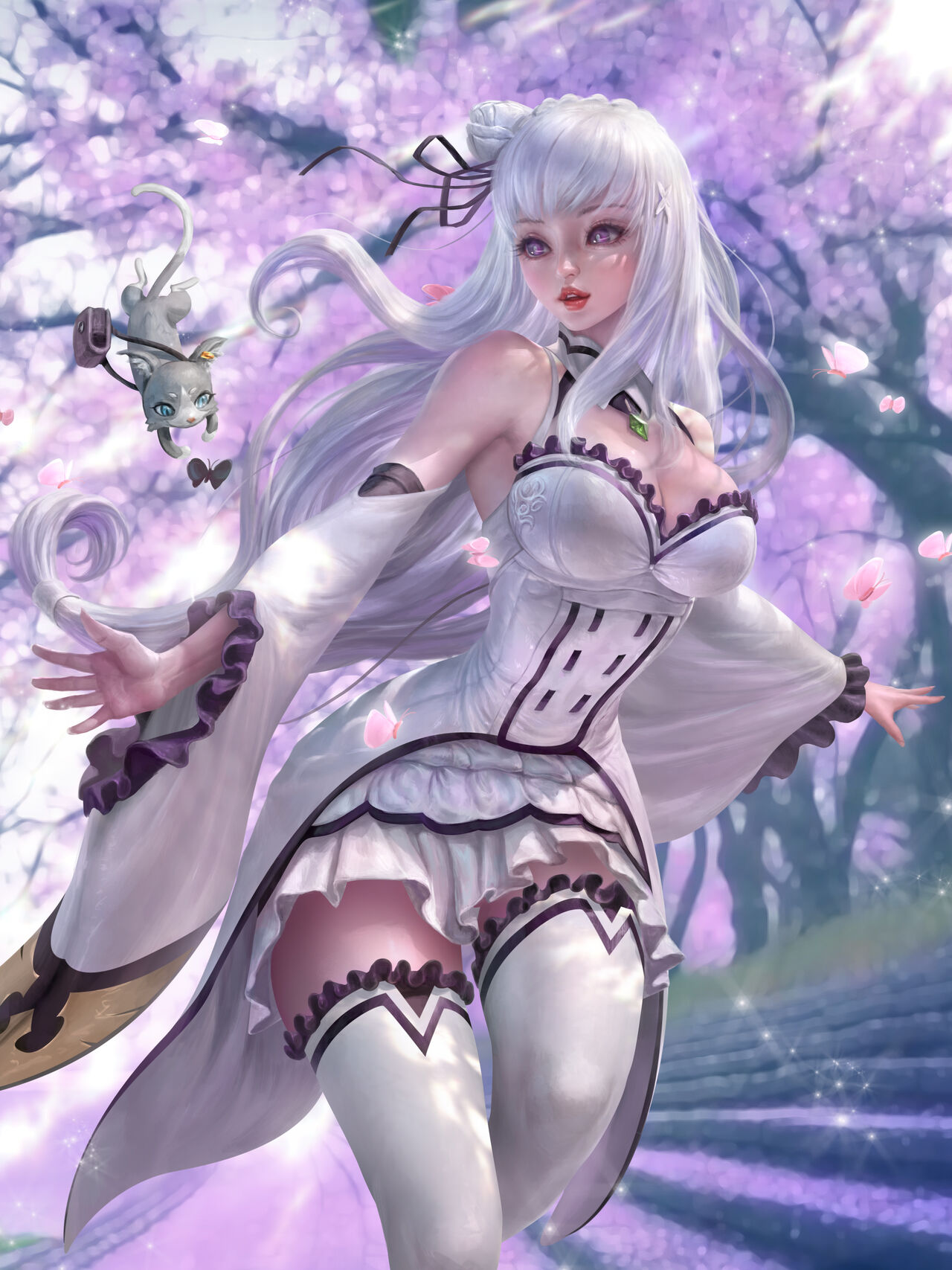 1girls breasts chains crown dress earrings emilia_(re:zero) gloves gradient_hair hips long_gloves long_hair looking_at_viewer patreon_username re:zero_kara_hajimeru_isekai_seikatsu solo yam_spectrum