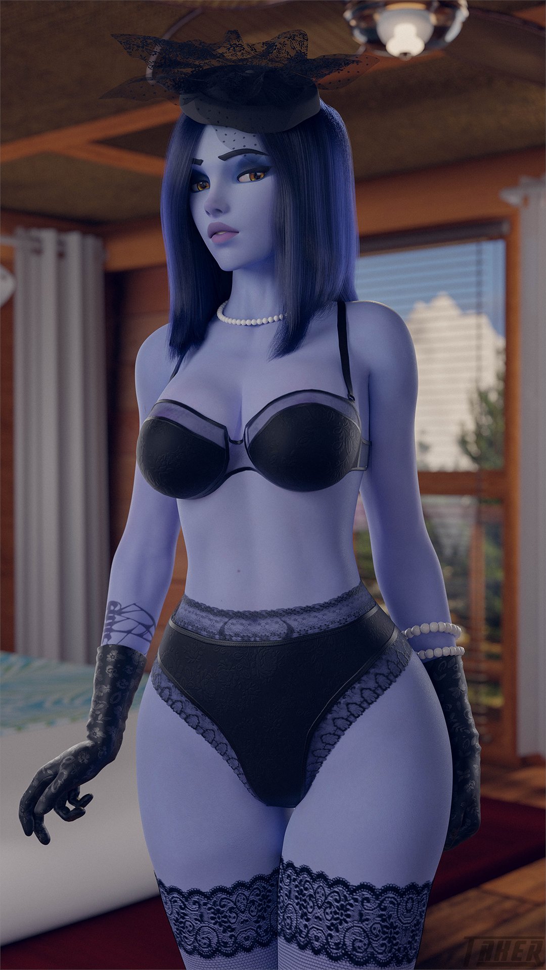 1girls, 3d, bra, female, female only, gloves, lace, lace-trimmed panties, lingerie, looking at viewer, overwatch, panties, pearl necklace, solo, solo female, standing, stockings, takerskiy, thighhighs, underwear, widowmaker