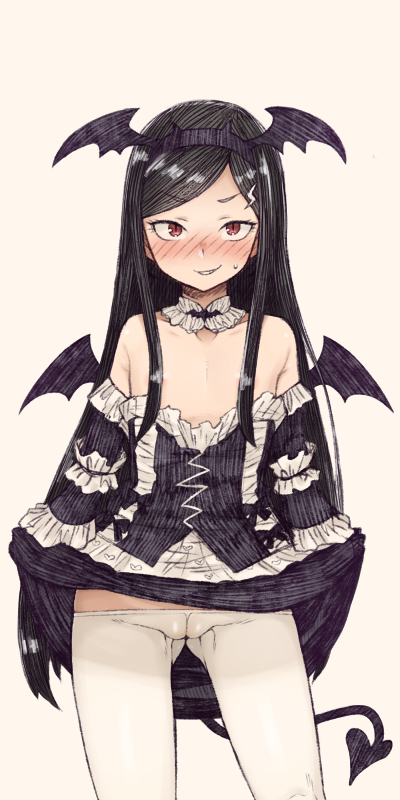 bat_headband black_clothing black_dress black_hair blush blush blush_lines dimension_w dress elizabeth_greenhough-smith lifting_skirt lolita_fashion long_hair open_mouth pantyhose petite petite_body pussy pussy_visible_through_clothing red_eyes young_woman