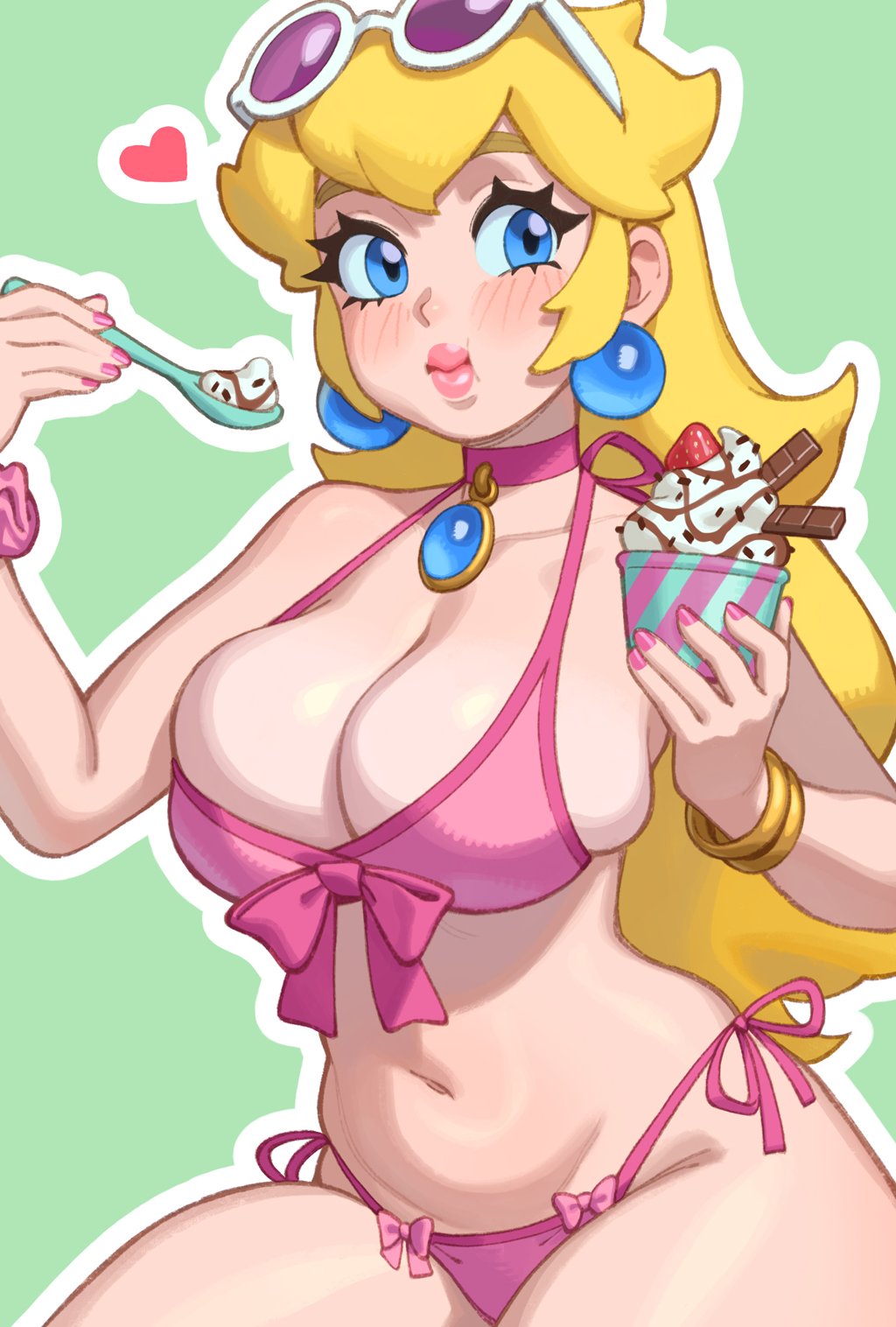 1girls, 2023, bikini, blonde hair, blue eyes, breasts, bursting breasts, cleavage, eating, female, female only, huge breasts, light skin, light-skinned female, long hair, mario (series), naughty face, navel, nintendo, pink bikini, princess peach, rizdraws, sunglasses, sunglasses on head, thick lips