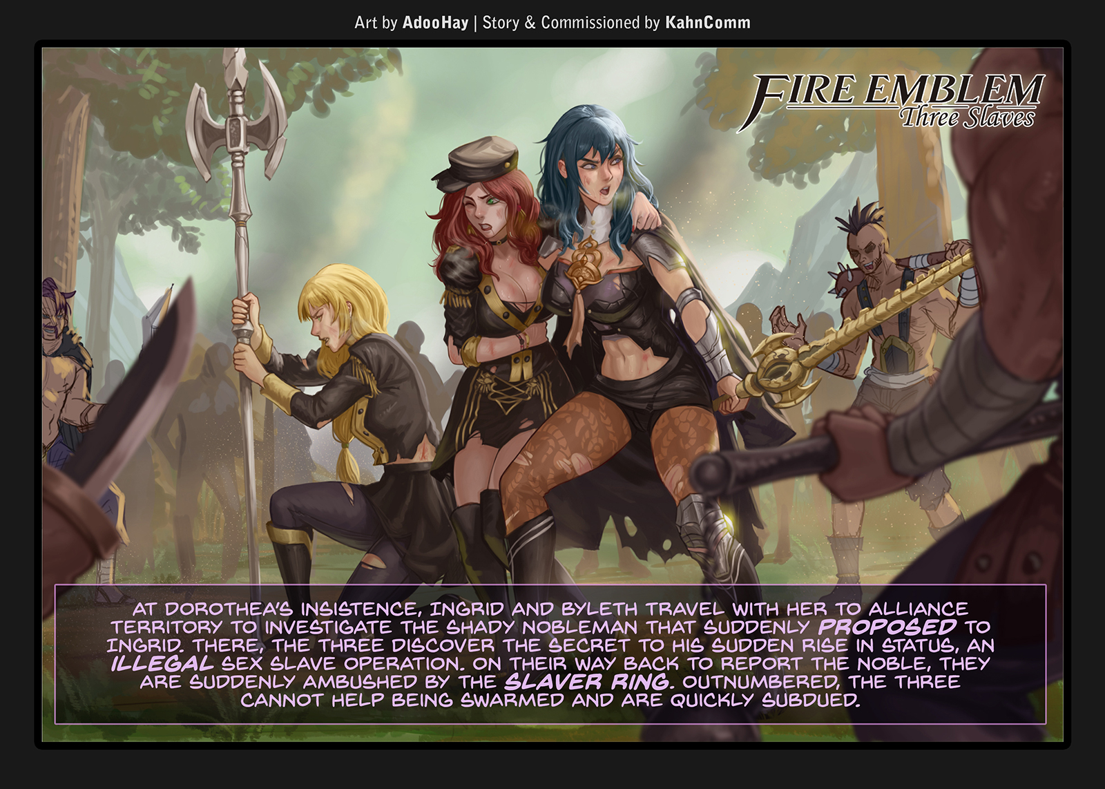 2d, 2d (artwork), 2d artwork, 3girls, adoohay, ambush, arm around shoulders, axe, bad end, bangs, bare midriff, bare thighs, blonde hair, blood, blue eyes, blue hair, boots, braid, braided ponytail, breasts, brown hair, byleth (fire emblem), byleth (fire emblem) (female), captured, cleavage, day, defeated, defeated heroine, dorothea arnault, english text, evil grin, evil smile, exhausted, fantasy, female, femsub, fire emblem, fire emblem: three houses, frown, garreg mach monastery uniform, green eyes, grin, hat, heavy breathing, imminent rape, ingrid brandl galatea, injury, knife, lace, large breasts, leggings, legwear, lipstick, long hair, male, maledom, medium breasts, medium hair, messy hair, midriff, midriff baring shirt, multiple boys, multiple females, multiple girls, multiple males, muscular, muscular male, nail polish, nintendo, one eye closed, outdoors, pantyhose, party wipe, rape, red lips, red lipstick, red nails, scar, shirt, shorts, skirt, slave, smile, surrounded, sword, sword of the creator, teal hair, text, thighs, torn clothes, weapon