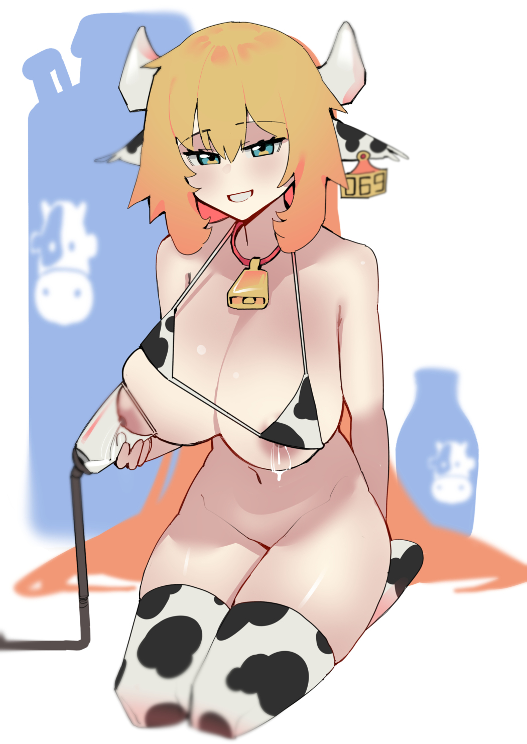 akai haato, bikini, blonde hair, blue eyes, bottomless, breasts, collar, cow ears, cow girl, cow print, cow print bikini, cowbell, dismassd, fake animal ears, fake horns, female, hololive, hololive gen 1, hololive japan, hucow, huge breasts, kneeling, lactation, looking at viewer, micro bikini, milk, milking, milking machine, nipples, open clothes, sitting, smile, swimsuit, thick thighs, thighhighs, thighs, topless, very long hair, virtual youtuber