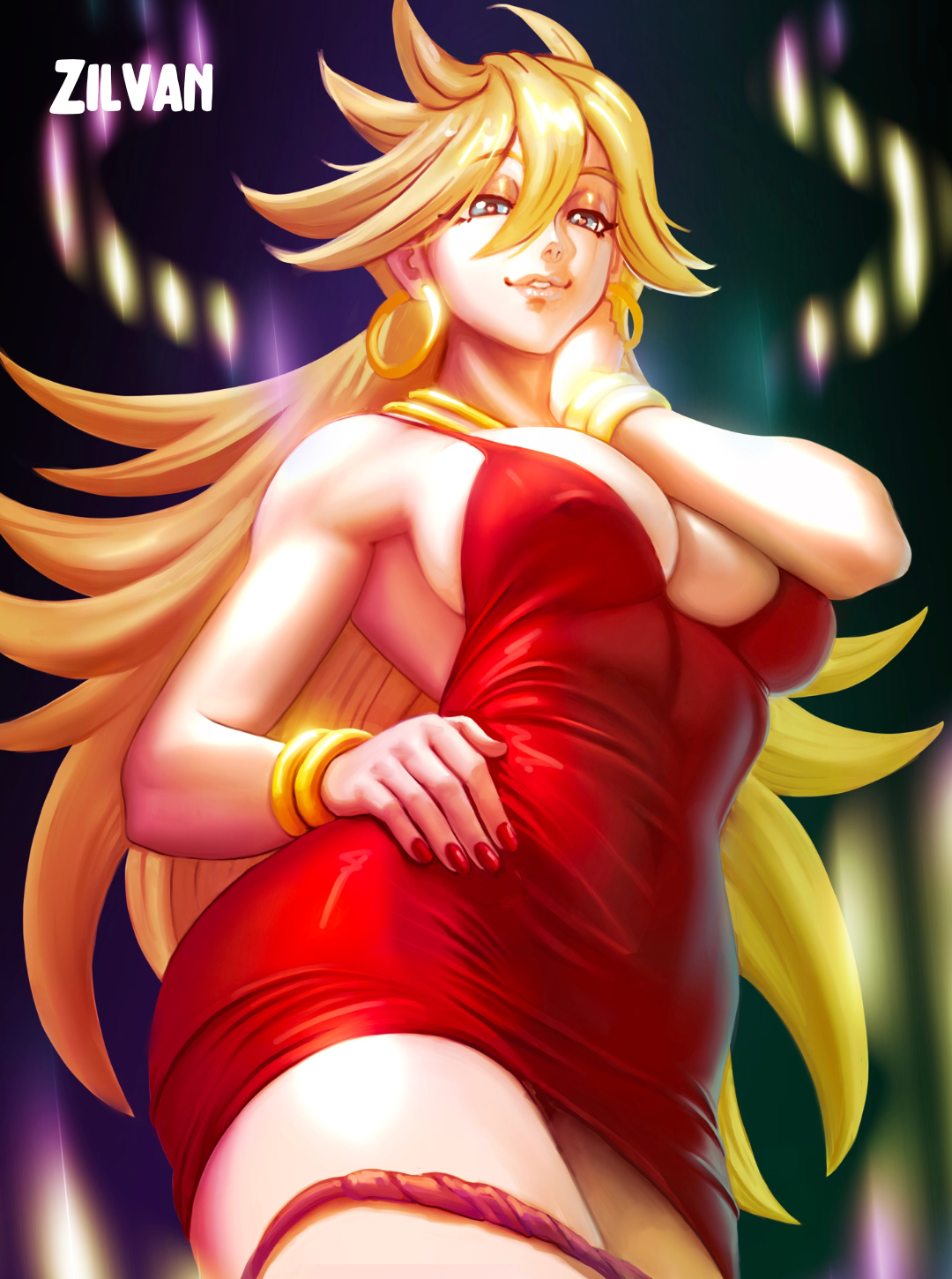 1girls, big breasts, blonde hair, breasts, dress, erect nipples, eye contact, female, female only, half-closed eyes, heart-shaped pupils, light skin, light-skinned female, long hair, looking at viewer, nipples, nipples visible through clothing, no bra, panties, panties down, panty & stocking with garterbelt, panty anarchy, plump lips, red dress, removing panties, seductive, seductive eyes, seductive look, seductive smile, skimpy clothes, smile, smiling, smiling at viewer, standing, thick thighs, thighs, very long hair, zilvan