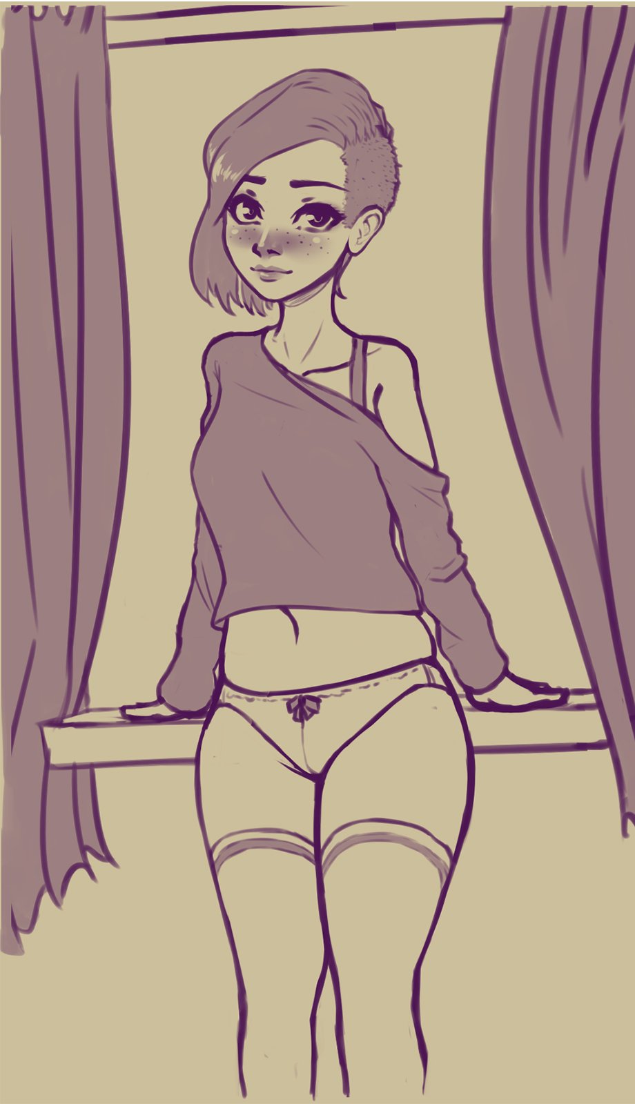 1girls, 2017, blush, breast expansion, breast growth, breast growth (enlargement), breasts, closed mouth, crop top, degeneratepai, female, female only, freckles, looking at viewer, medium hair, midriff, monochrome, navel, no pants, off shoulder, panties, shirt, smile, solo, thighhighs, undercut, window