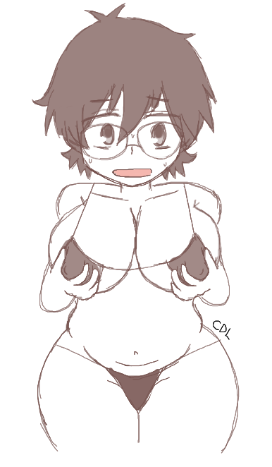 1girls alternate_breast_size bikini bikini_bottom bikini_top brown_hair chubby chubby_female embarrassed glasses haruhi_fujioka kiwikitti large_breasts messy_hair nipples nipples_visible_through_clothing oekaki ouran_high_school_host_club partially_colored solo_female sweat sweating