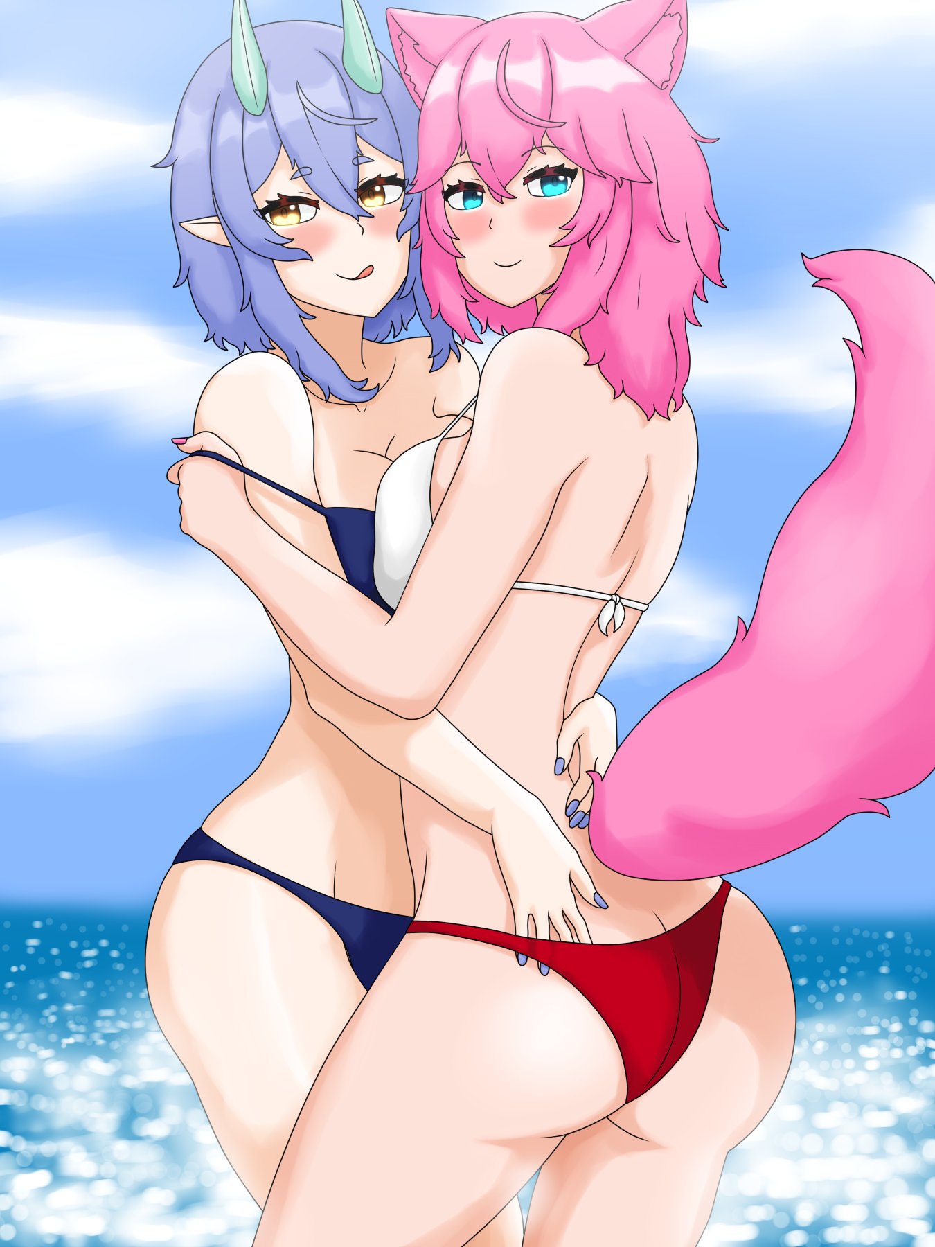 2girls ale_131 anime_onegai bikini blue_hair blue_nails cat_ears cat_tail catgirl day demon_girl dengeki_onegai female_only horns latam_virtual_youtuber looking_at_viewer manami_onikiri medium_hair nyami_g ocean pink_hair pink_nails swimsuit thong_bikini virtual_youtuber water