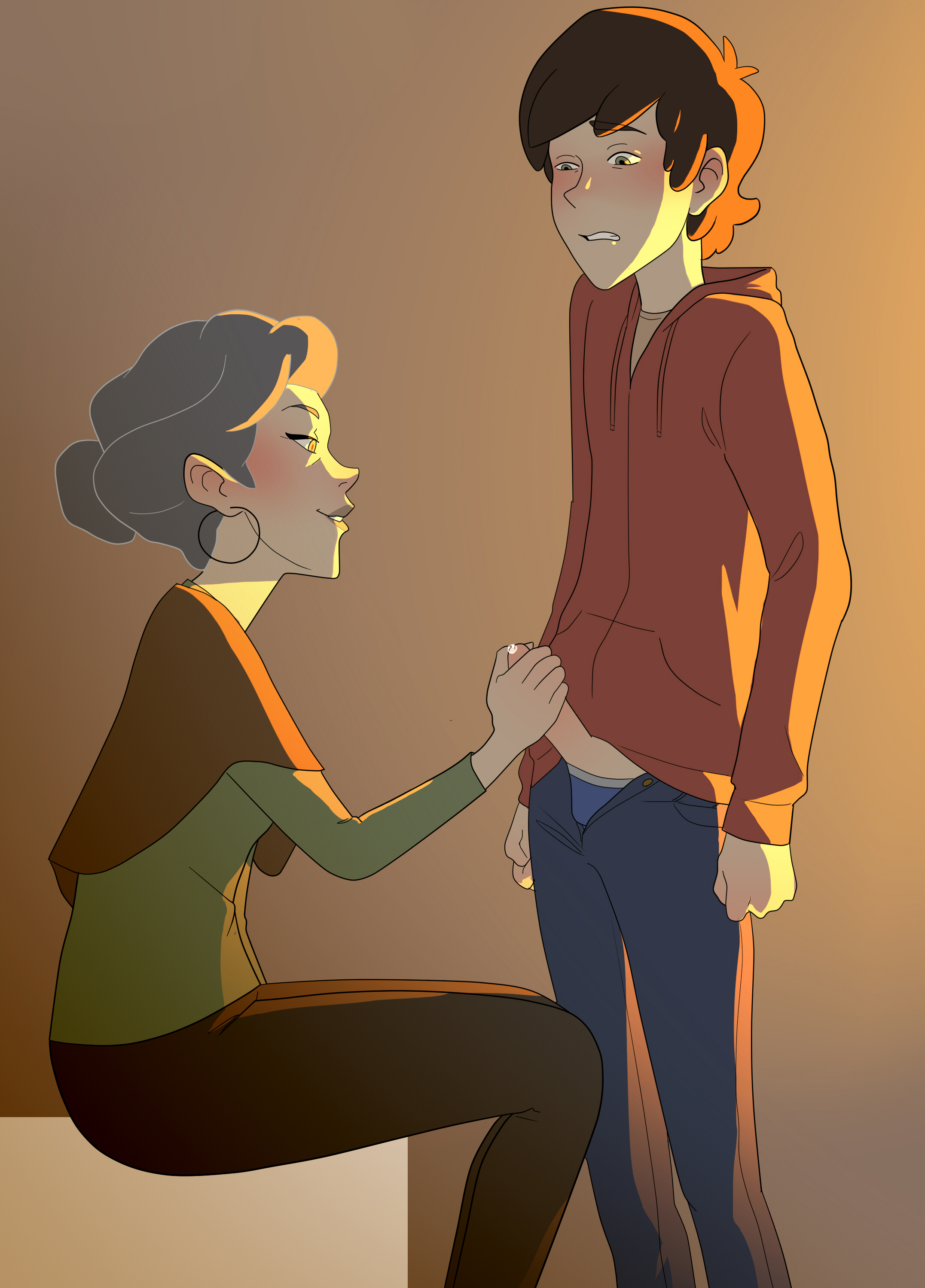 1boy, 1girls, age difference, aunt, aunt and nephew, clothed, earring, female, fully clothed, gilf, hair bun, handjob, hoop earring, incest, male, marvel, marvel comics, marvel's spider-man (2017), may parker, nephew, older female, older female and younger male, penis, penis out, peter parker, spider-man (series), straight, straight hair, teenage male, teenager, unknown artist, young