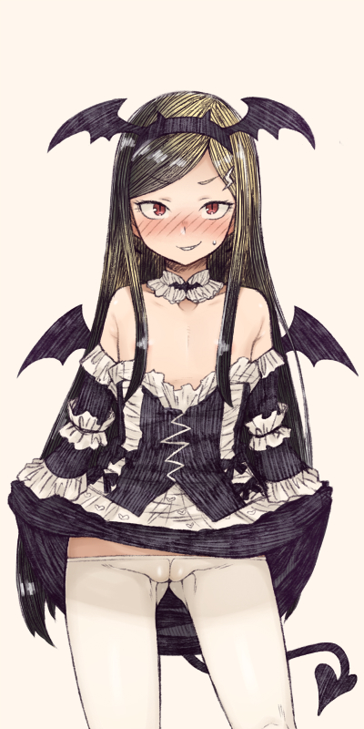 bat_headband black_clothing black_dress black_hair blonde_hair blush blush blush_lines dimension_w dress dyed_hair elizabeth_greenhough-smith lifting_skirt lolita_fashion long_hair open_mouth pantyhose petite petite_body pussy pussy_visible_through_clothing red_eyes young_woman