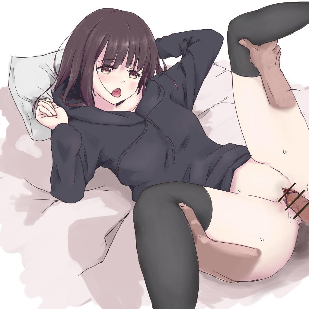 1boy 1girls anon bangs bed bed_sheet big_breasts black_hoodie black_thighhighs blush brown_eyes brown_hair censor_bar censored censored_penis dark-skinned_male grabbing_thighs hand_behind_head hoodie light-skinned_female looking_at_partner menhera_chan_(nanase_kurumi) menhera_shoujo_kurumi-chan no_panties penetration penis penis_in_pussy pillow pussy sex short_hair straight thighhighs vagina vaginal_penetration vaginal_sex veiny_penis vremyatsay