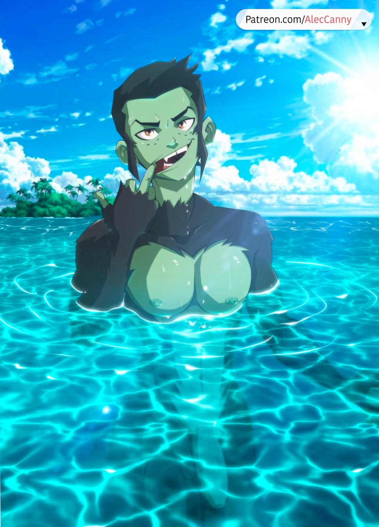 1boy, aleccanny, beast boy, beast boy (young justice), dc, dc comics, flaccid, fur, garfield logan, gay, gay male, green skin, male, male only, muscles, muscular, muscular male, nude, ocean, outside, penis, solo, water, yaoi, young justice, young justice: invasion