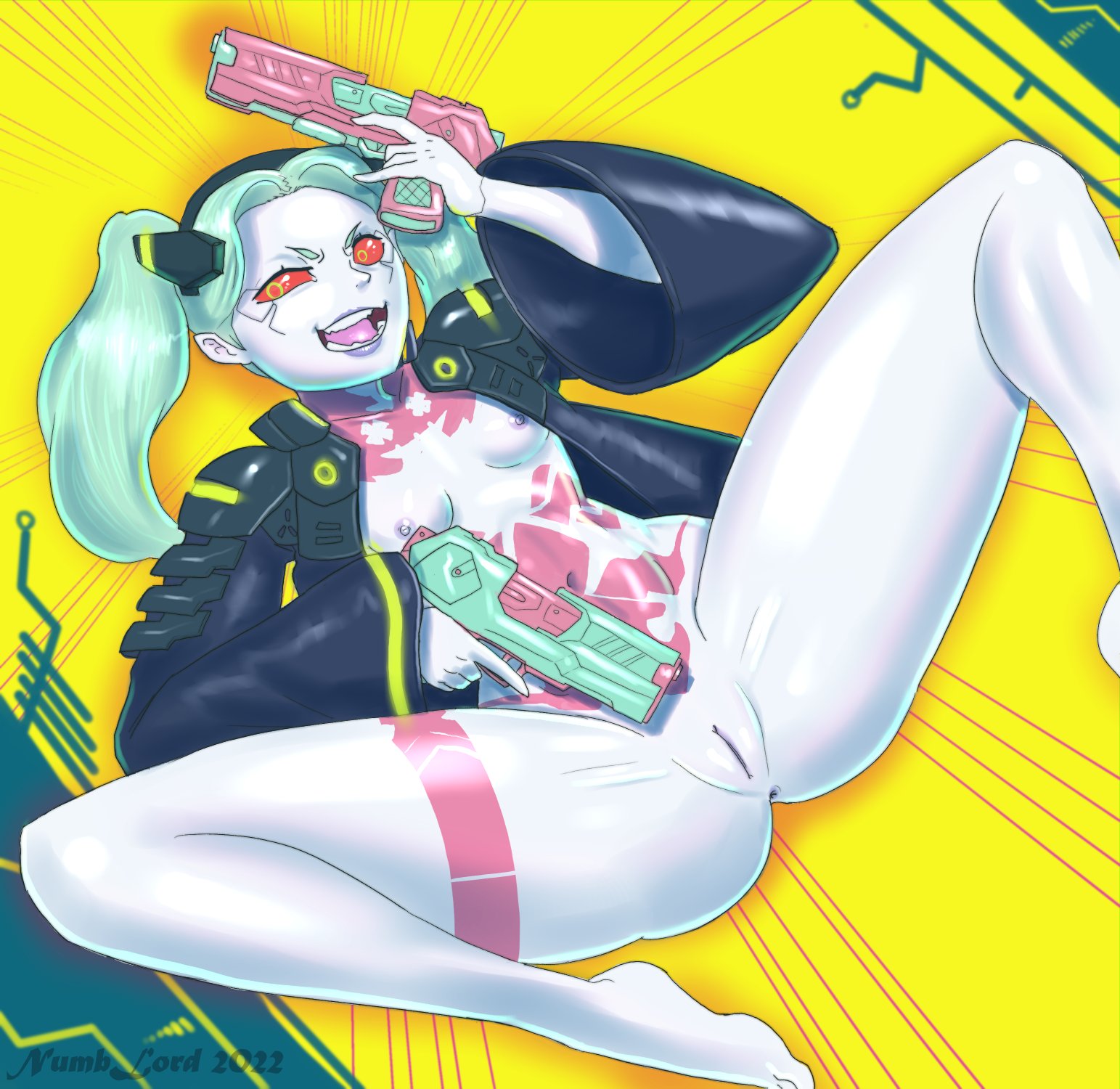 1girls, bottomless, breasts, casual, cybernetics, cyberpunk 2077, cyberpunk: edgerunners, cyborg, female, female only, firearm, handgun, human, numblord, outerwear, pale skin, pussy, rebecca (edgerunners), small breasts, small nose, solo, solo female, thick thighs, thighs, thong, weapon