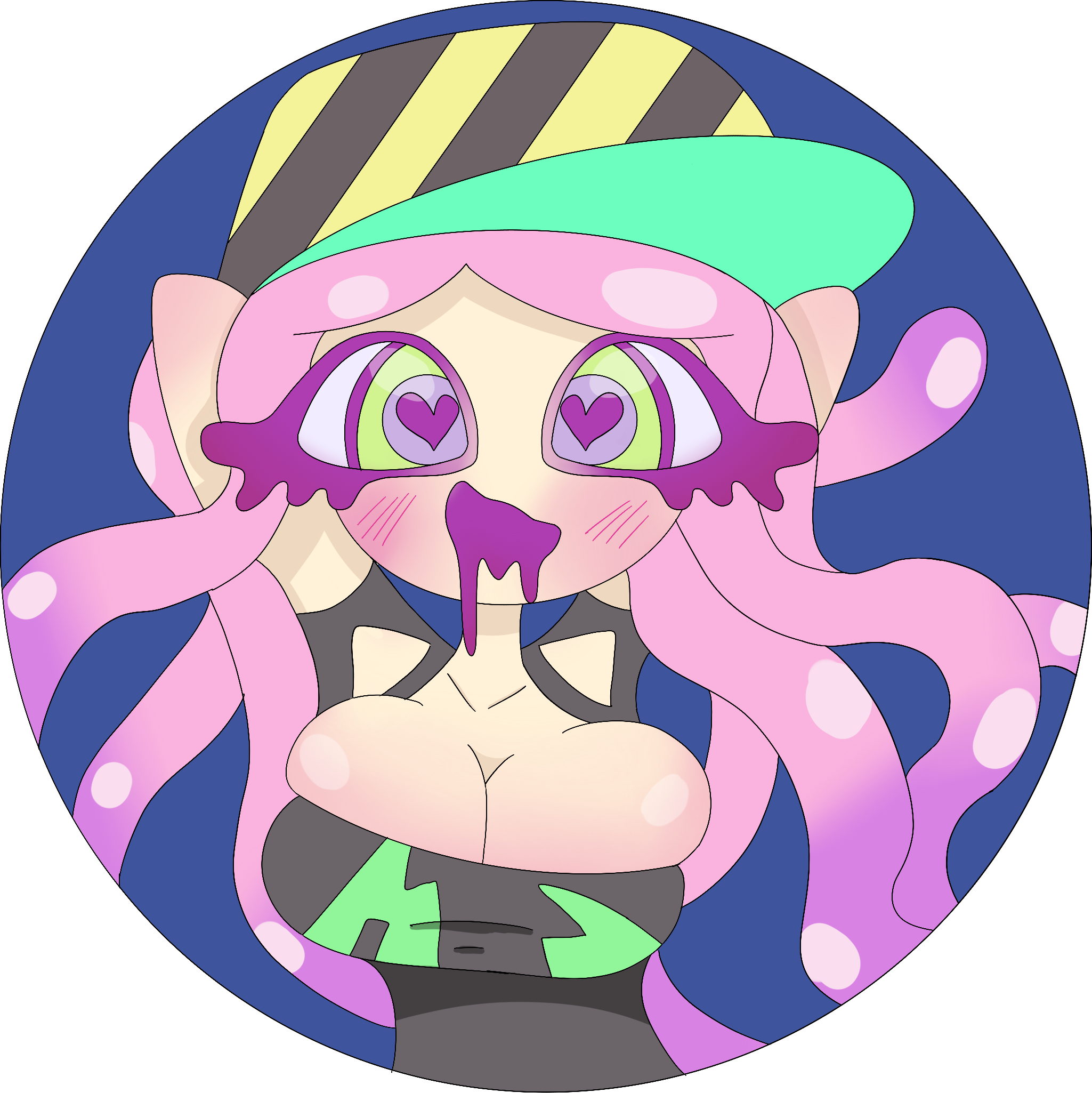 1girls, big breasts, blush, breasts, female, green eyes, harmony (splatoon), hat, heart-shaped pupils, open mouth, overflowing breasts, pink hair, simple background, solo, splatoon, splatoon 3, tagme