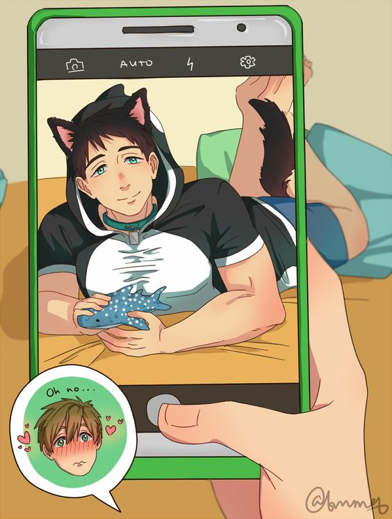 2boys animal_ears bara bara_tits blush cat_ears collar dog_collar free! green_eyes heart hoodie lying_on_stomach makoto_tachibana male male_only muscular on_stomach petplay phone phone_camera phone_screen phone_view smartphone sosuke_yamazaki sousuke_yamazaki tachibana_makoto tail taking_photo taking_picture through_screen tight_clothing whale yamazaki_sosuke yamazaki_sousuke yaoi