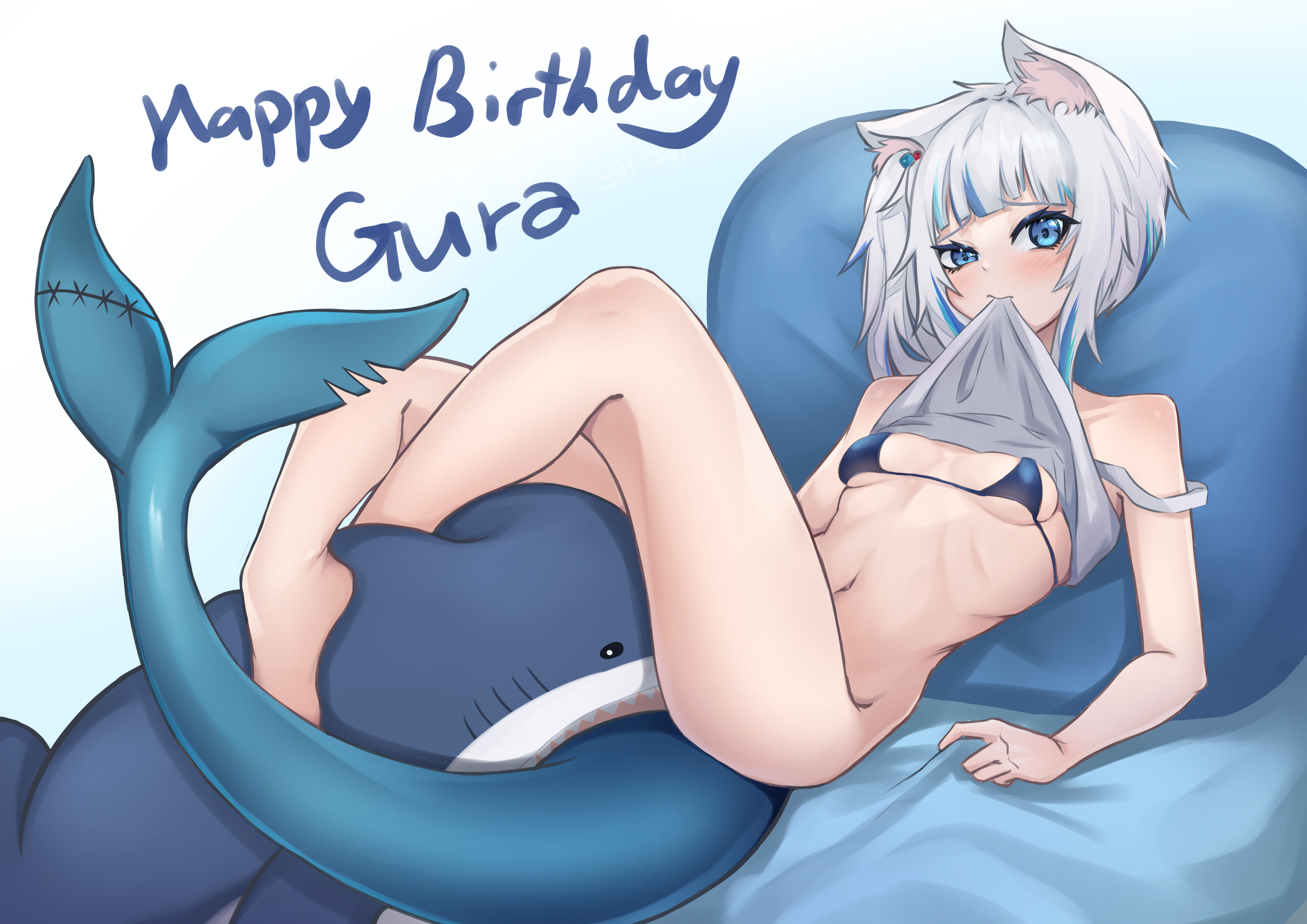 1girls, animal ears, bangs, bare shoulders, bed, bikini top, birthday, blahaj, blue eyes, blue hair, blunt bangs, blush, bottomless, breasts, cat ears, english text, female, female only, fish tail, gawr gura, grabbing sheets, hair ornament, hololive, hololive english, hololive myth, hoodie, ikea, legs, lying on bed, mosaics reon, no panties, on bed, partially clothed, pillow, ponytail, shark, shark girl, shark plush, shark tail, sharp teeth, shirt lift, side ponytail, small breasts, solo, solo focus, streaked hair, tail, teeth, thighs, two-tone hair, virtual youtuber, white hair