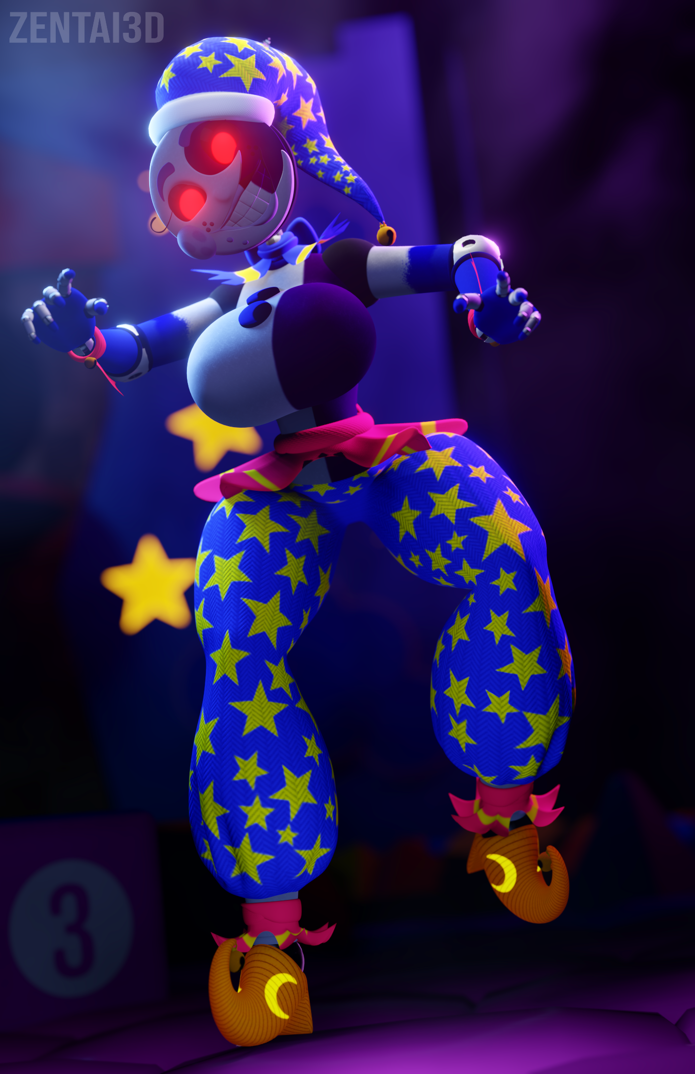 3d, 3d (artwork), animatronic, big breasts, blender, blender (software), breasts, daycare attendant (fnaf), female, five nights at freddy's, five nights at freddy's: security breach, freckles, glowing eyes, hat, huge breasts, large breasts, looking at viewer, metallic body, moondrop, pajamas, red eyes, robot, robot girl, rule 63, shoes, skirt, slim, slim female, slim thick, slim waist, solo, thick thighs, watermark, wide hips, zentaisfm