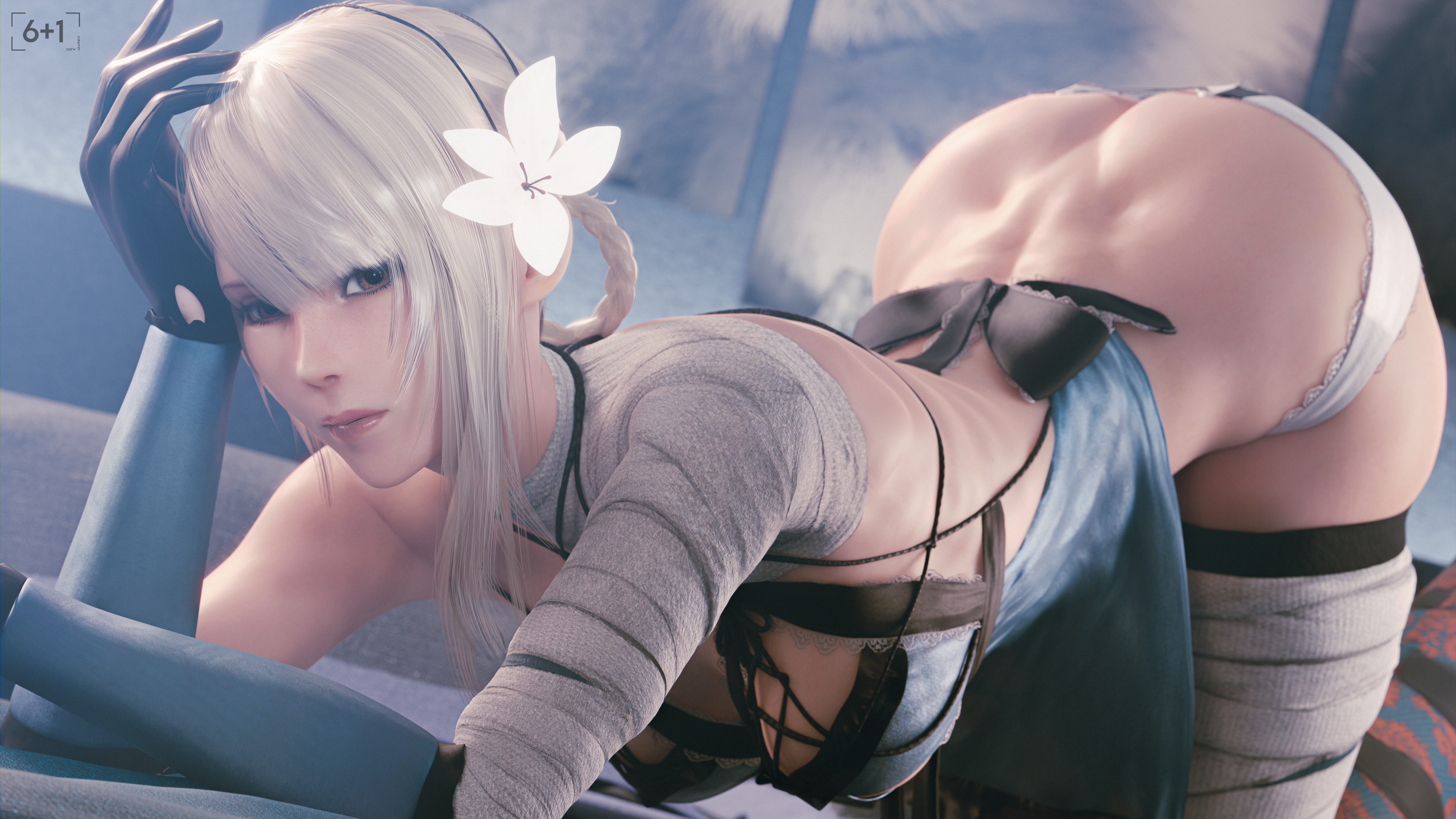 1girls, absurd res, bent over, female, female only, hi res, highres, kaine (nier), light skin, light-skinned female, looking at viewer, nier (series), nier replicant, sixplusone, solo, solo female, tagme, thighhighs, white hair, yellow eyes