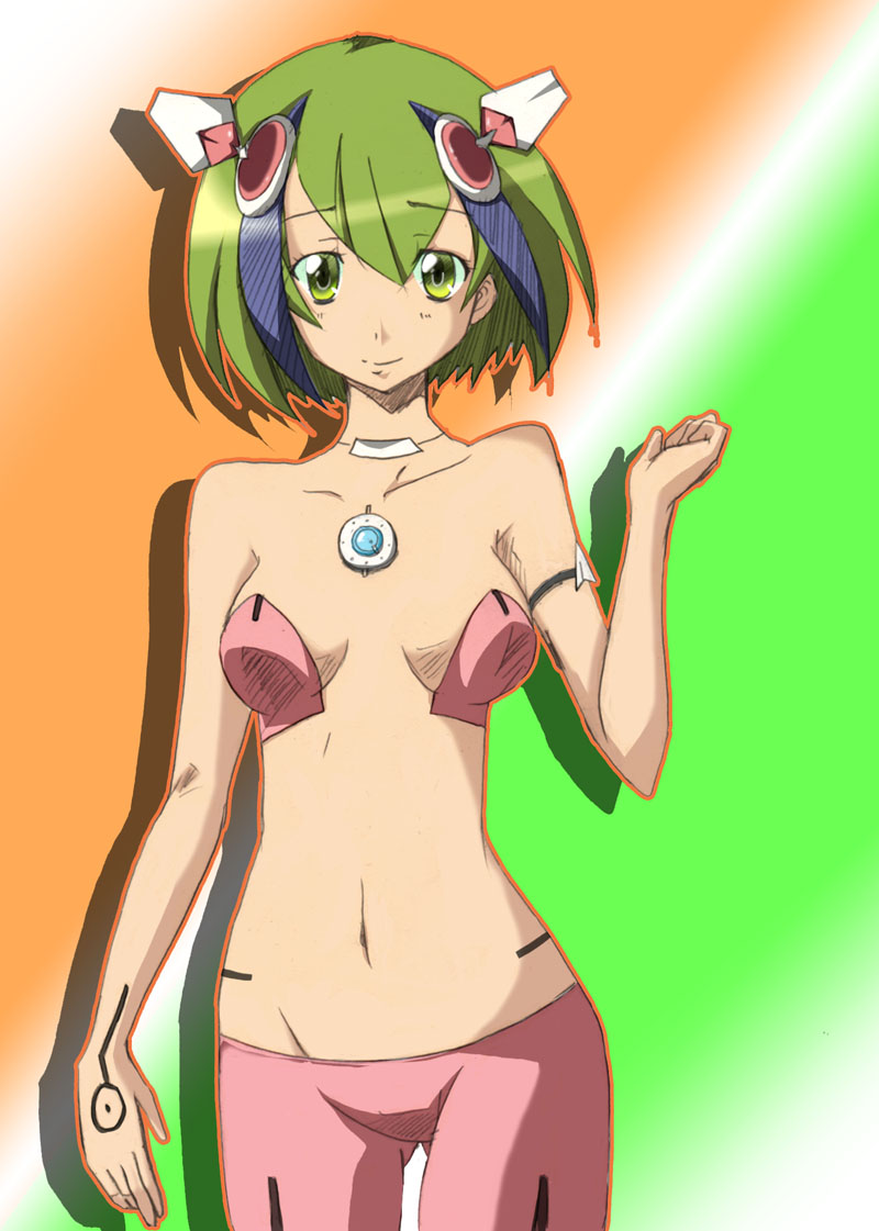 arm_up blush bra dimension_w green_eyes green_hair purple_hair short_hair underwear young_woman yurizaki_mira