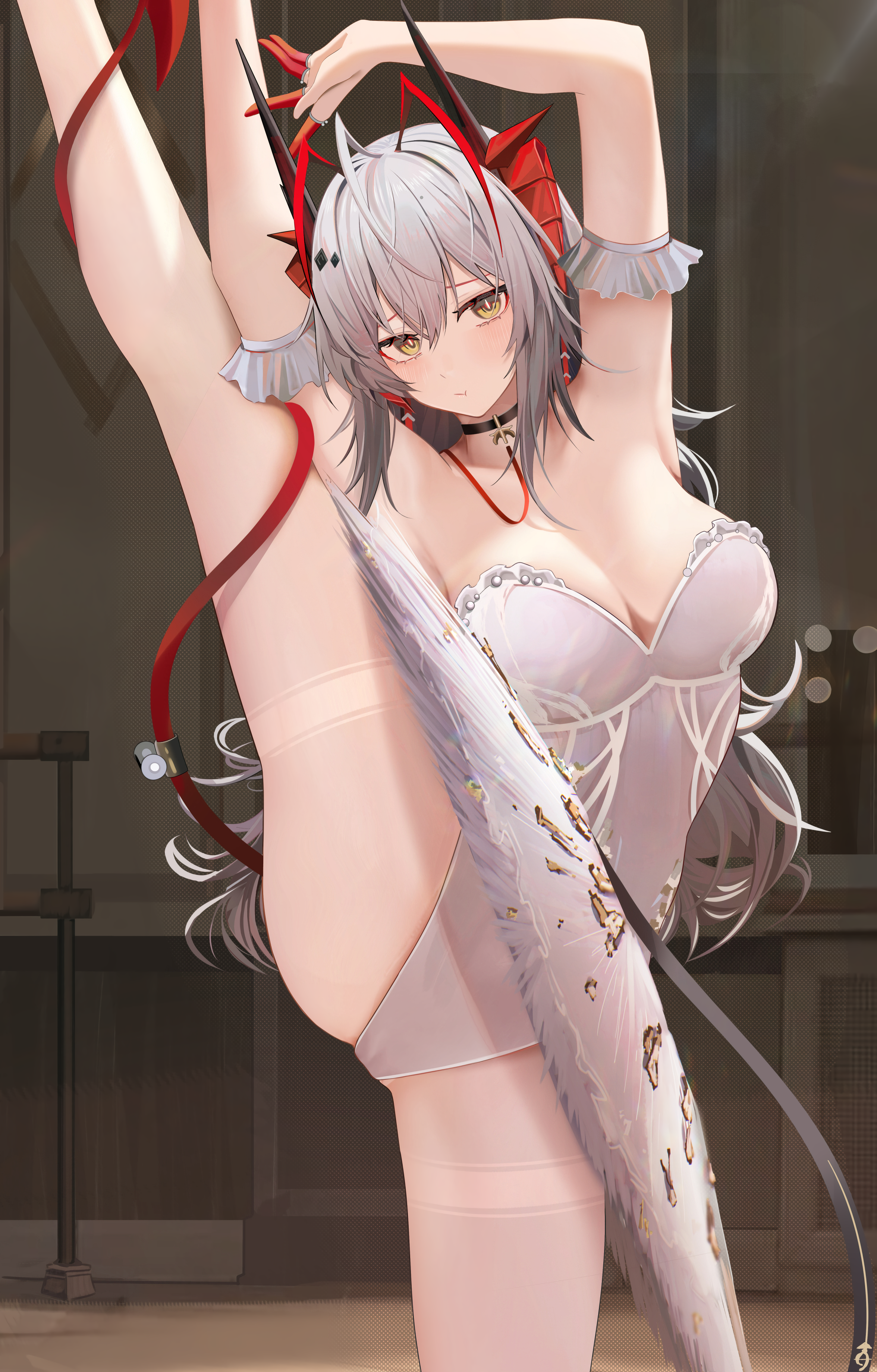 1girls, arknights, ballerina, big breasts, blush, breasts, cameltoe, choker, cleavage, dancer, dress, dress lift, embarrassed, female, female only, finger gloves, hand behind head, hand up, highres, horns, indoors, legs, legwear, leotard, light skin, light-skinned female, long hair, looking at viewer, no panties, one leg up, pantyhose, pout, pouting, pussy, ru zhai, sleekite, solo, solo female, splits, spread legs, standing, tail, tail around leg, thighs, vertical splits, w (arknights), white dress, white hair, white legwear, white pantyhose, yellow eyes