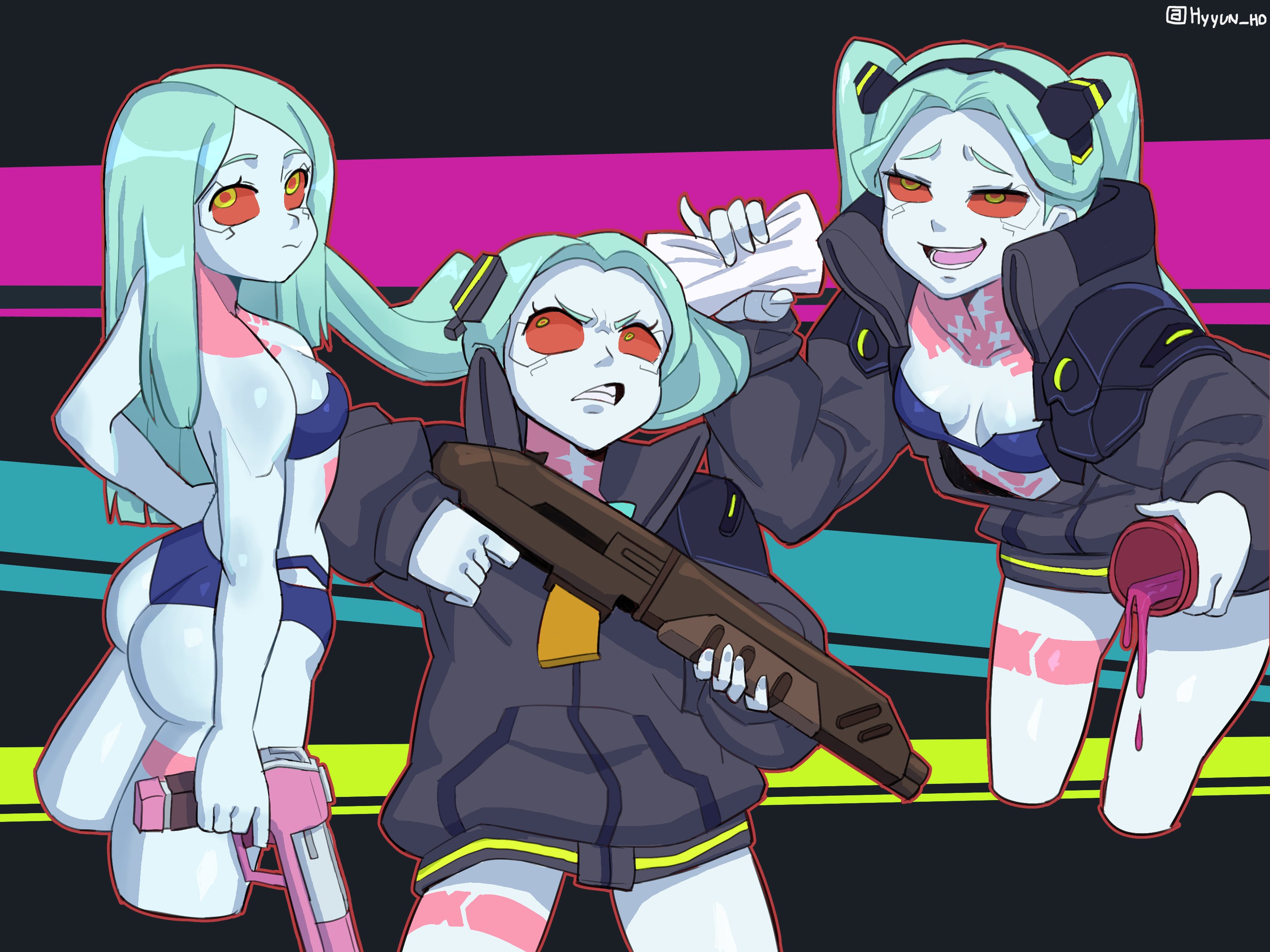 1girls, ass, body markings, breasts, clothing, cybernetics, cyberpunk 2077, cyberpunk: edgerunners, cyborg, eye contact, female, female only, firearm, green eyes, handgun, human, hyyun, long hair, looking at viewer, multiple views, nonsexual, outerwear, pale skin, rebecca (edgerunners), red sclera, shotgun, small breasts, standing, thick thighs, thighs, twintails, weapon
