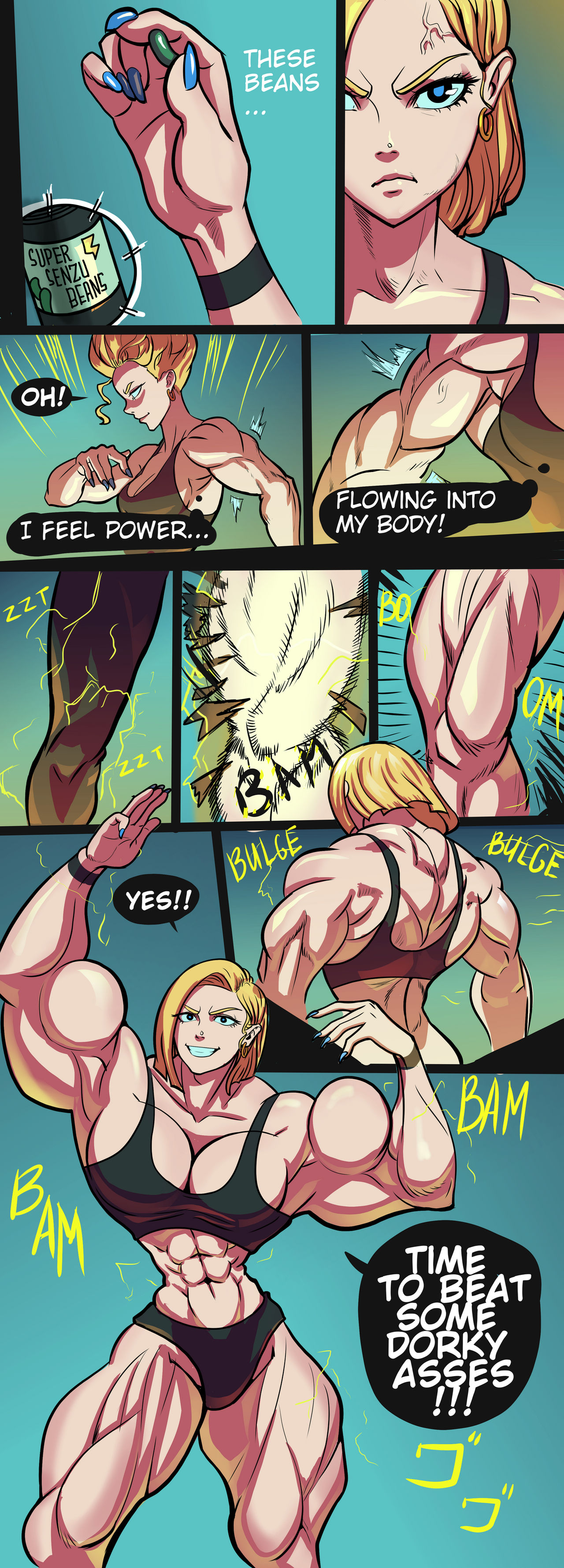 1girls, abs, android 18, big breasts, blonde hair, breasts, dragon ball, dragon ball z, female, female only, flexing, flexing bicep, growgetter, hyper muscles, light skin, light-skinned female, muscle growth, muscles, muscular, muscular female