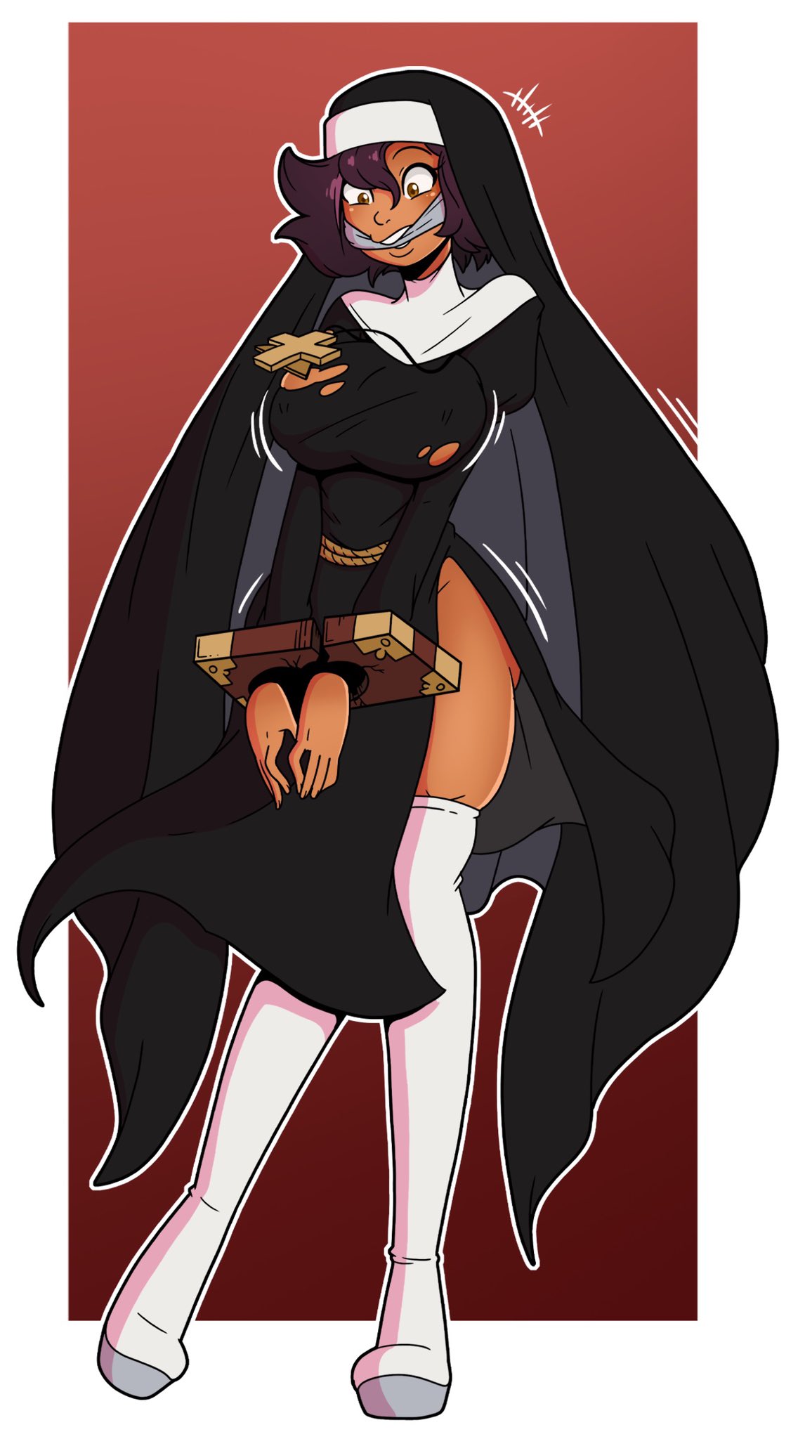 1girls, angry, angry face, bimbo, bimbofication, black robe, bondage, breasts, brown eyes, brown hair, confused, confused look, confusion, cross, dark skin, dark-skinned female, disney, disney channel, disney xd, female, female only, gag, gagged, latina, luz noceda, mouth gag, nun, stocks, straight hair, the owl house, white boots, wrenzephyr2