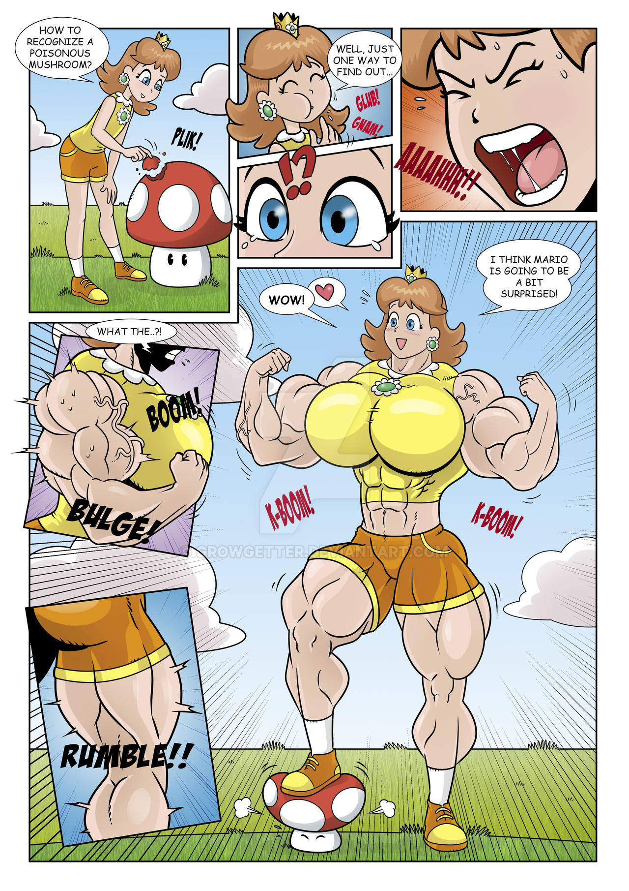 1girls abs big_breasts female female_only flexing flexing_bicep growgetter hyper_muscles mario_(series) mario_tennis muscle_growth muscles muscular muscular_female mushroom nintendo princess_daisy red_hair royalty thick_thighs toad_(mario)