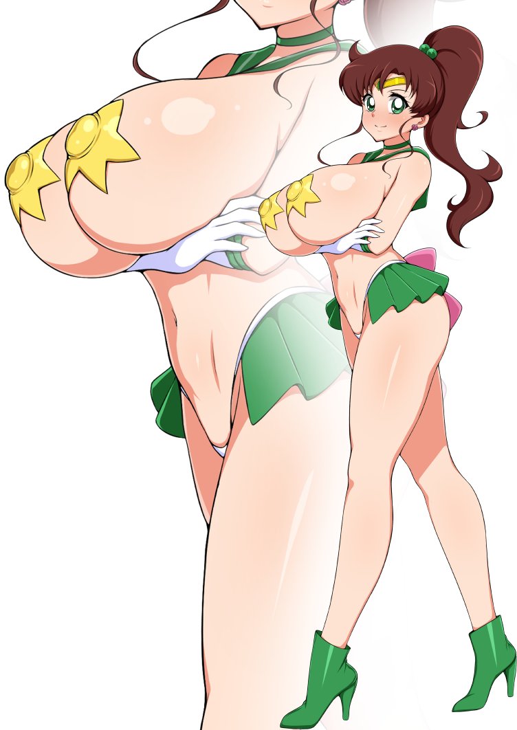 1girls 2022 bishoujo_senshi_sailor_moon breasts brown_hair circlet clothing female full_body green green_eyes heels high_heel_boots high_heels huge_breasts jabara_tornado large_breasts light-skinned_female light_skin long_hair long_legs makoto_kino pasties ponytail sailor_jupiter skirt slim_waist smile star_pasties white_background yellow_pasties