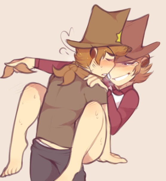 2boys cowboy eddsworld gay gay_sex gray_background half_naked hat legs male pants patch sex smile tom_(eddsworld) tord_(eddsworld) yaoi