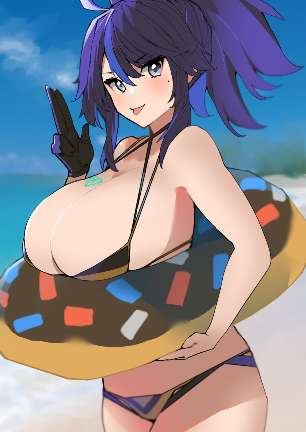 :p, beach, bikini, black hair, blue eyes, blue hair, breasts, cleavage, dismassd, female, gloves, huge breasts, inner tube, kson onair, looking at viewer, mole, multicolored hair, outdoors, ponytail, smile, swimsuit, tattoo, tongue, tongue out, two-tone hair, virtual youtuber, vshojo