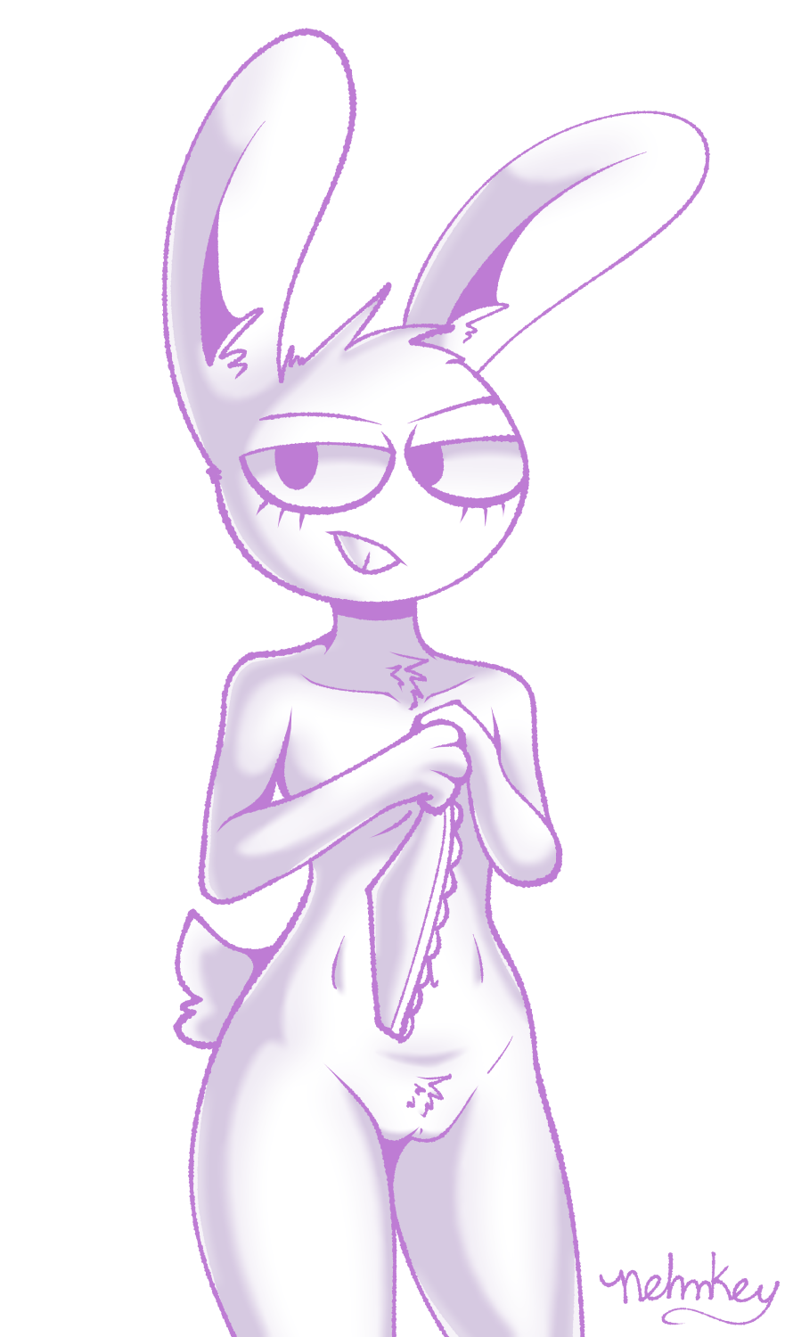 anthro beanie_(roommates) bonnie_(fnaf) buckteeth chest_tuft clothing female five_nights_at_freddy's fur genitals hi_res lagomorph leporid mammal monochrome narrowed_eyes nehmkey nude purple_and_white purple_body purple_fur pussy rabbit roommates:motha scottgames solo teeth tuft underwear unimpressed video_games