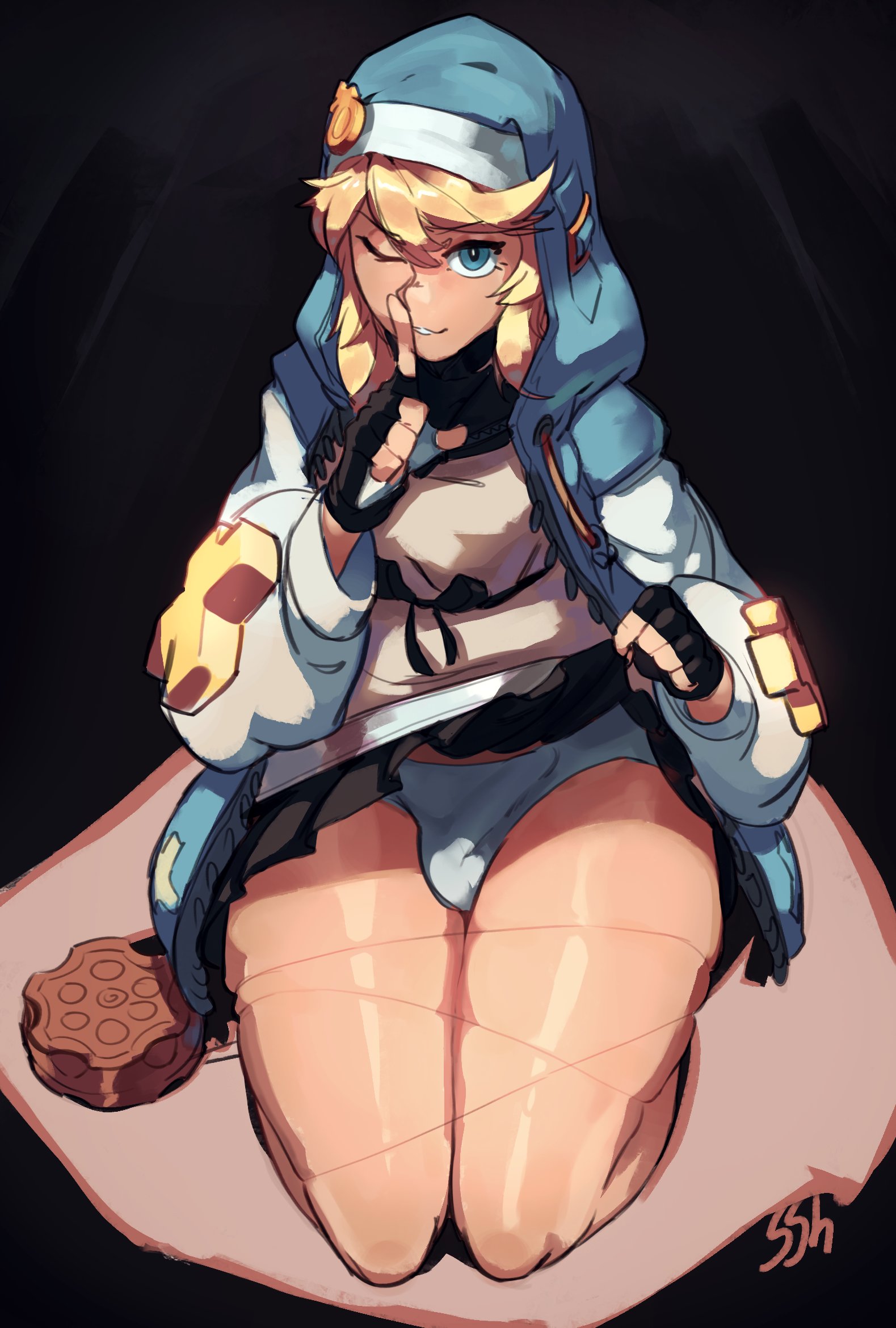1boy, balls, blonde hair, blue eyes, bridget, bulge, bulge through clothing, eye contact, femboy, guilty gear, guilty gear strive, hoodie, kneeling, looking at viewer, male, male only, one eye closed, panties, presenting, presenting panties, skirt, skirt lift, smile, solo, sshurart, thick thighs, thighs, yo-yo
