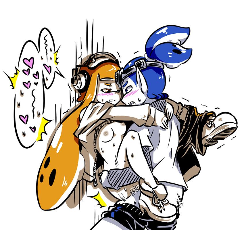 animal_humanoid anthro blue_hair blue_inkling_boy cephalopod cephalopod_humanoid donut_(zozazero) humanoid inkling inkling_boy inkling_girl john_(splatoon) kaori_(splatoon) light_skin mask_(marking) nintendo orange_hair orange_inkling_girl pointy_ears pseudo_hair pudding_(zozazero) small_breasts splatoon splatoon_(series) squid tentacle tentacle_hair zozazero