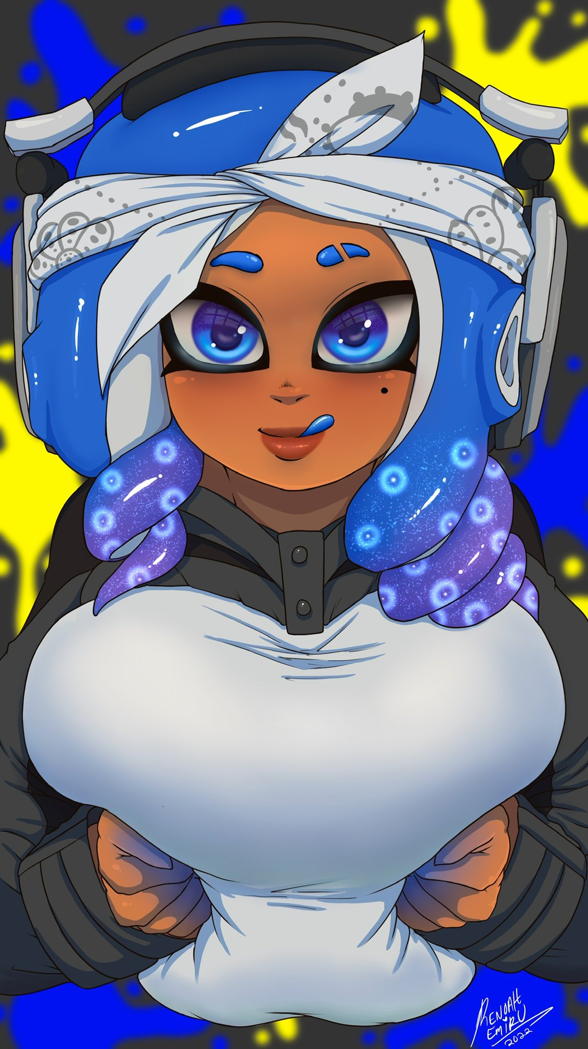 1girls, bandana, big breasts, blue eyes, blue hair, blush, breasts, clothing, cute, dark skin, dark-skinned female, emiru (renoahemiru), female, female focus, grabbing own breast, headphones, large breasts, looking at viewer, mole under eye, nintendo, octoling, octoling girl, renoahemiru, smile, smiling, splatoon, splatoon 3
