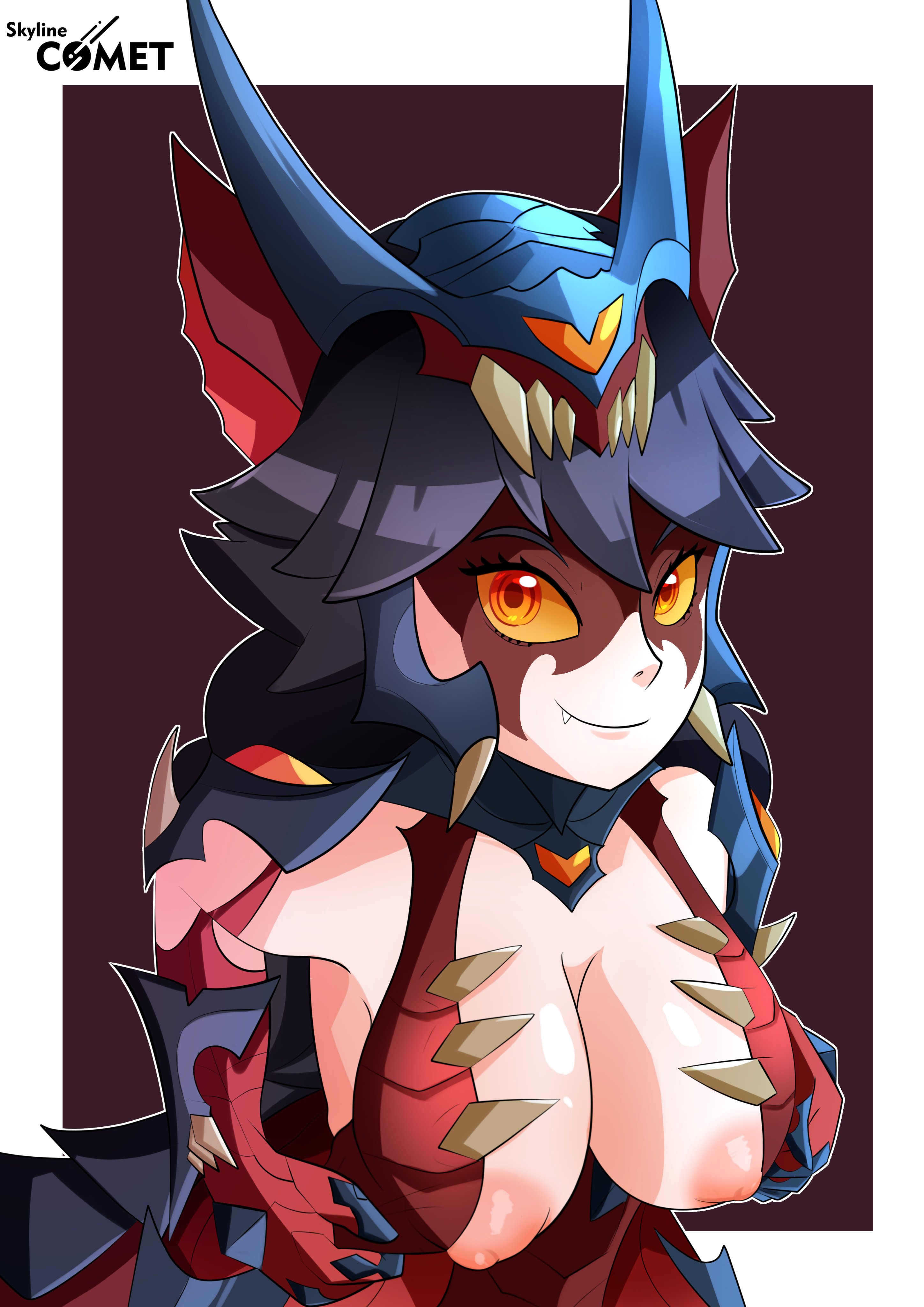 animal ears, big breasts, black hair, breasts, breasts out, cute fang, female, female only, fox ears, io (paladins), looking at viewer, paladins, red eyes, smile, smiling, solo
