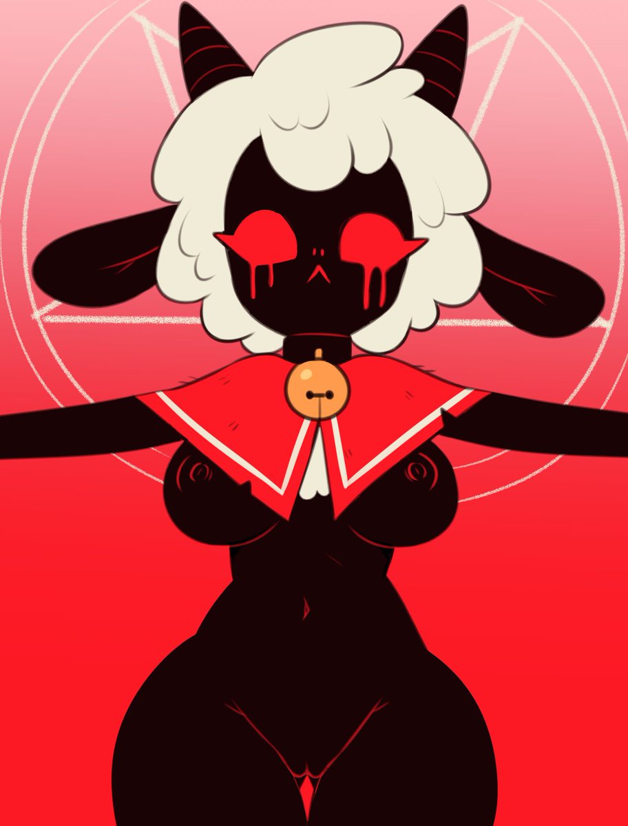 anthro, big breasts, black body, bovid, breasts, caprine, cult of the lamb, female, female only, horns, lamb (cult of the lamb), nipples, pentagram, pussy, red eyes, sataenart, sheep, thick thighs, white fur, wool (fur)