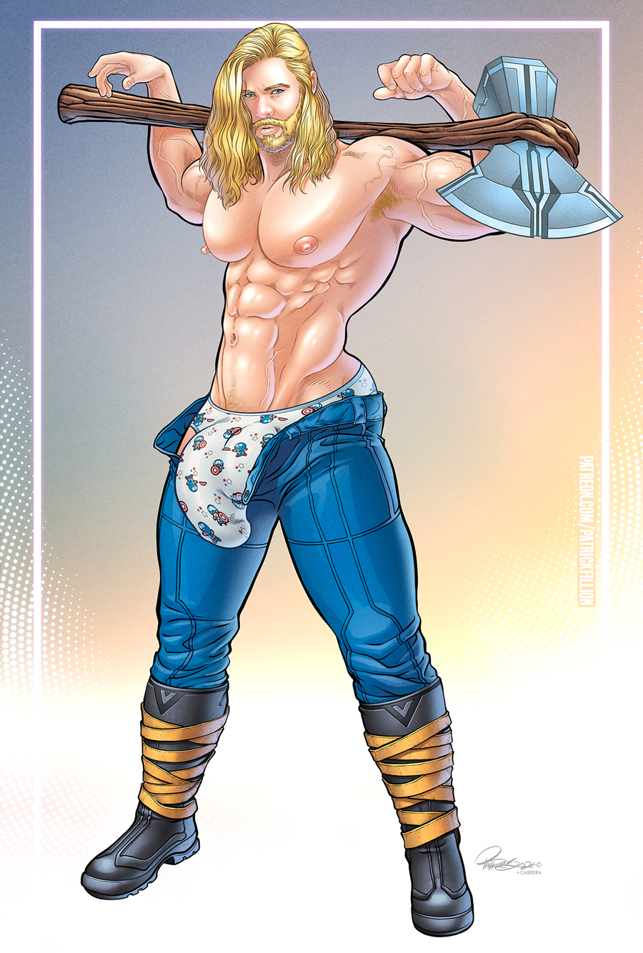 1boy actor axe big_bulge blonde_hair briefs bulge celebrity chris_hemsworth huge_bulge human human_only in_character light-skinned_male light_skin long_hair male male_only marvel marvel_cinematic_universe muscular muscular_male patrick_fillion penis_outline solo solo_male stormbreaker thor:_love_and_thunder thor_(marvel) thor_(series) tighty_whities underwear undies