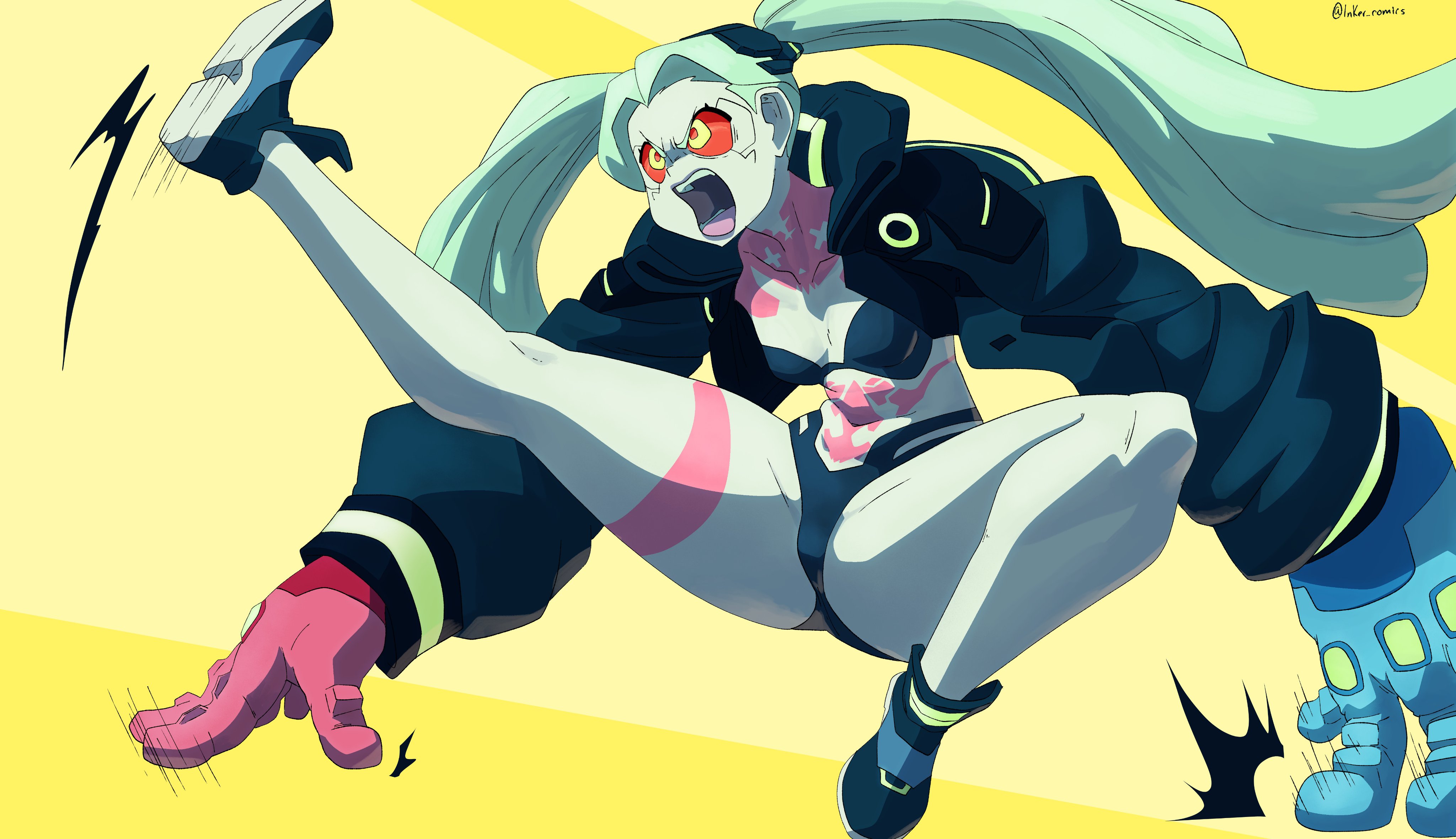 1girls, blush, breasts, clothing, cybernetics, cyberpunk, cyberpunk 2077, cyberpunk: edgerunners, female, female only, footwear, green hair, human, inkershike, light skin, light-skinned female, medium breasts, no artist signature, no source, outerwear, pale skin, pale-skinned female, presenting pussy, pussy, rebecca (edgerunners), small nose, solo, thin eyebrows, very small nose