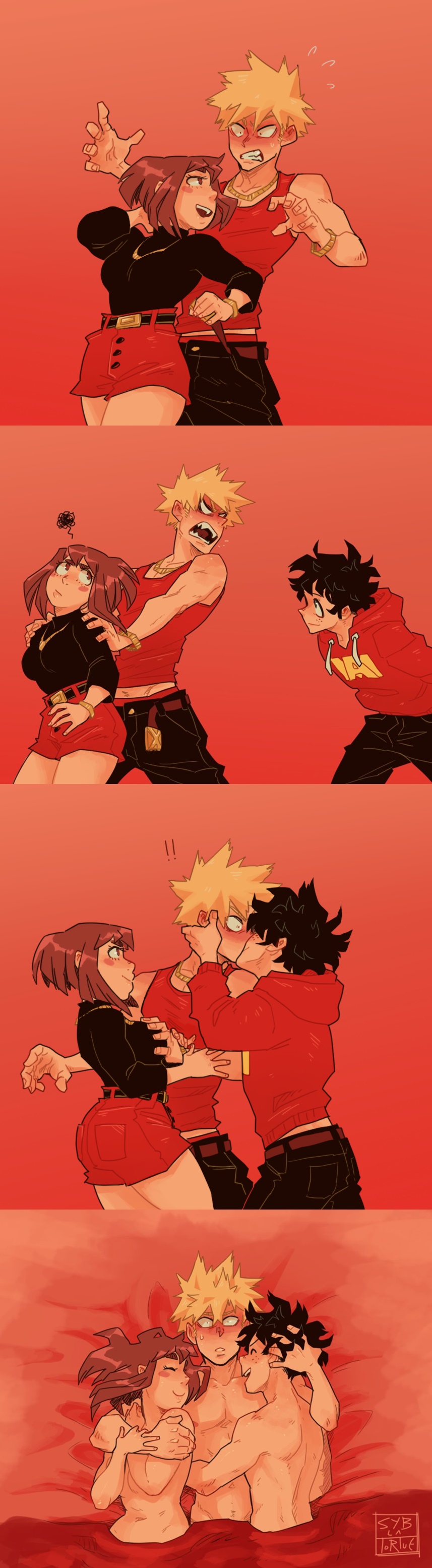 1girls 2boys after_sex angry assertive assertive_female bisexual bisexual_male bisexual_panic bisexual_sandwich breast_grab clothed embrace embracing_another female hand_on_breast hand_on_head hugging human implied_sex in_bed izuku_midoriya katsuki_bakugou kissing male male/female male/male/female male_on_male matching_clothing mmf_threesome multiple_panels my_hero_academia nude ochako_uraraka pushing_away sandwiched shocked short_skirt spiky_hair suggestive surprised syblatortue threesome topless yaoi