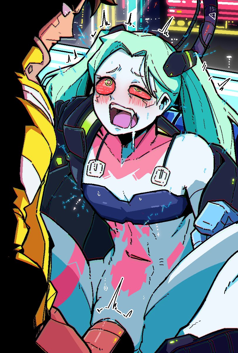 1boy, 1girls, big penis, blush, bondage, breasts, cd projekt red, clothed sex, clothing, cybernetics, cyberpunk 2077, cyberpunk: edgerunners, cyborg, david martinez (edgerunners), emotionless, female, green eyes, human, jacket, light blue hair, male, mark gavatino, moaning, netflix, no artist signature, no source, open mouth, outerwear, pale skin, penetration, penis, pleasure face, pussy, rebecca (edgerunners), red sclera, saliva, sex, small breasts, small eyebrows, small nose, straight, studio trigger, sweat, twintails, vaginal, vaginal penetration, vaginal sex