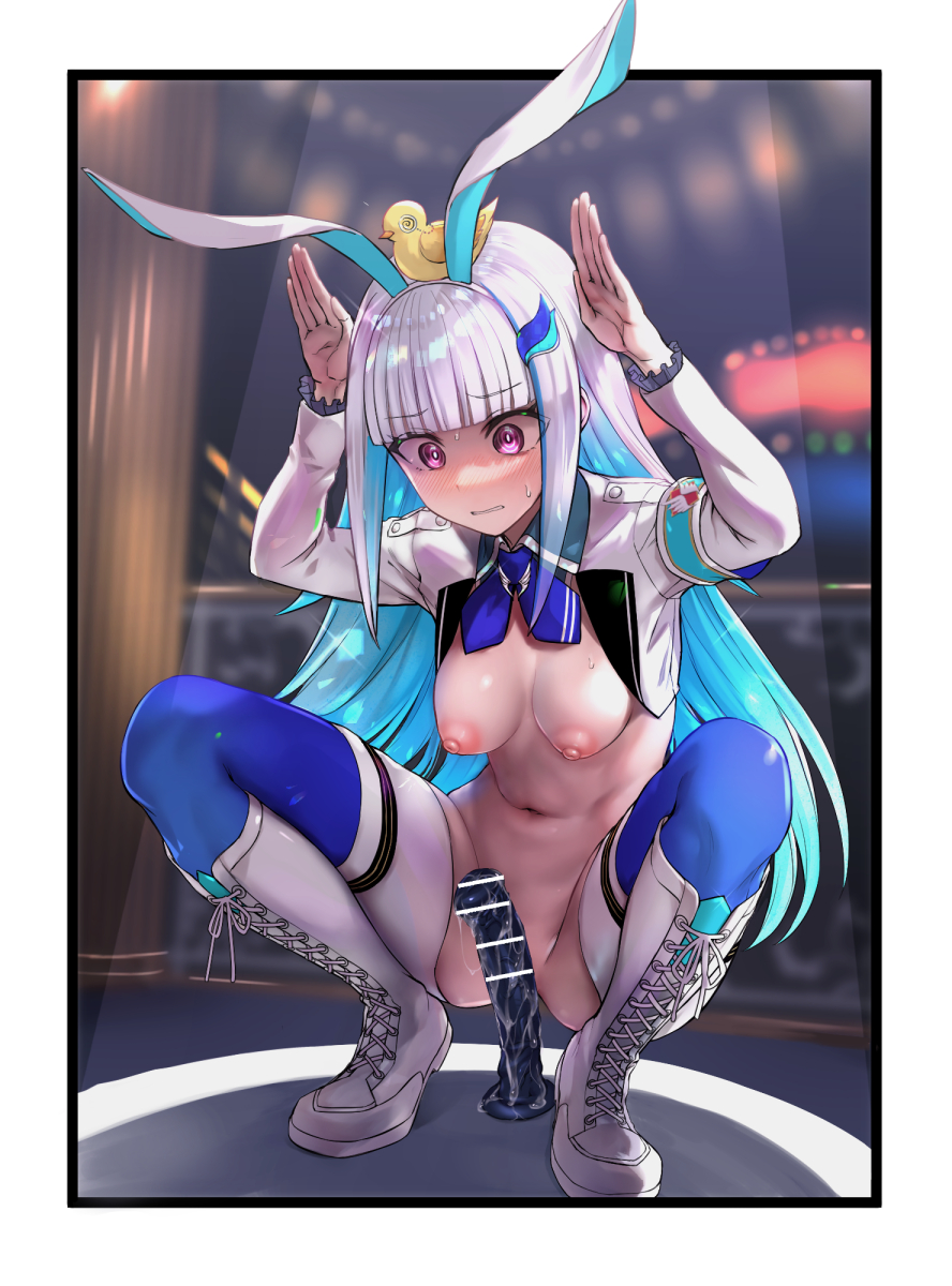 animal animal_ears animal_on_head armband ass ass_visible_through_thighs bangs bar_censor bird bird_on_head blue_bow blue_bowtie blue_hair blunt_bangs blurry blurry_background blush boots bow bowtie breasts bunny_pose censored clenched_teeth colored_inner_hair cross-laced_footwear daishippai depth_of_field dildo duck embarrassed fake_animal_ears female full_body hair_ornament highres humiliation knee_boots lize_helesta long_hair long_sleeves looking_down lotion medium_breasts meme_attire multicolored_hair navel nijisanji nipples on_head paid_reward_available pasties purple_eyes rabbit_ears reverse_bunnysuit reverse_outfit safety_pin sagging_breasts sex_toy sidelocks solo spread_legs squatting stomach sweat teeth thighhighs two-tone_hair very_long_hair virtual_youtuber white_footwear white_hair