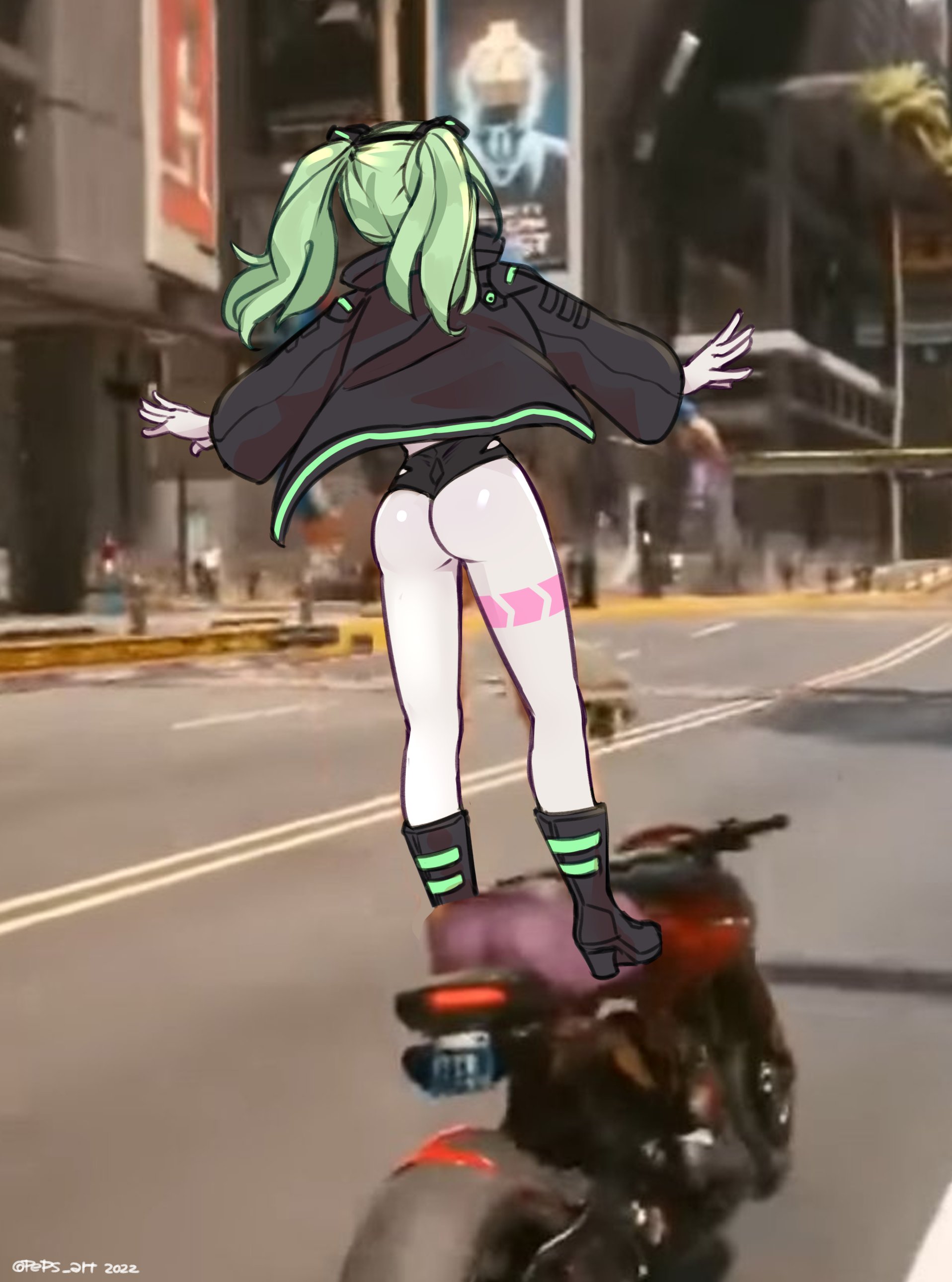 ass, ass focus, clothing, cyberpunk 2077, cyberpunk: edgerunners, female, female only, footwear, green, green hair, hair, human, motorcycle, nonsexual, outerwear, pale skin, pose, public, rebecca (edgerunners), short shorts, t-pose, tattoo, vehicle, white skin