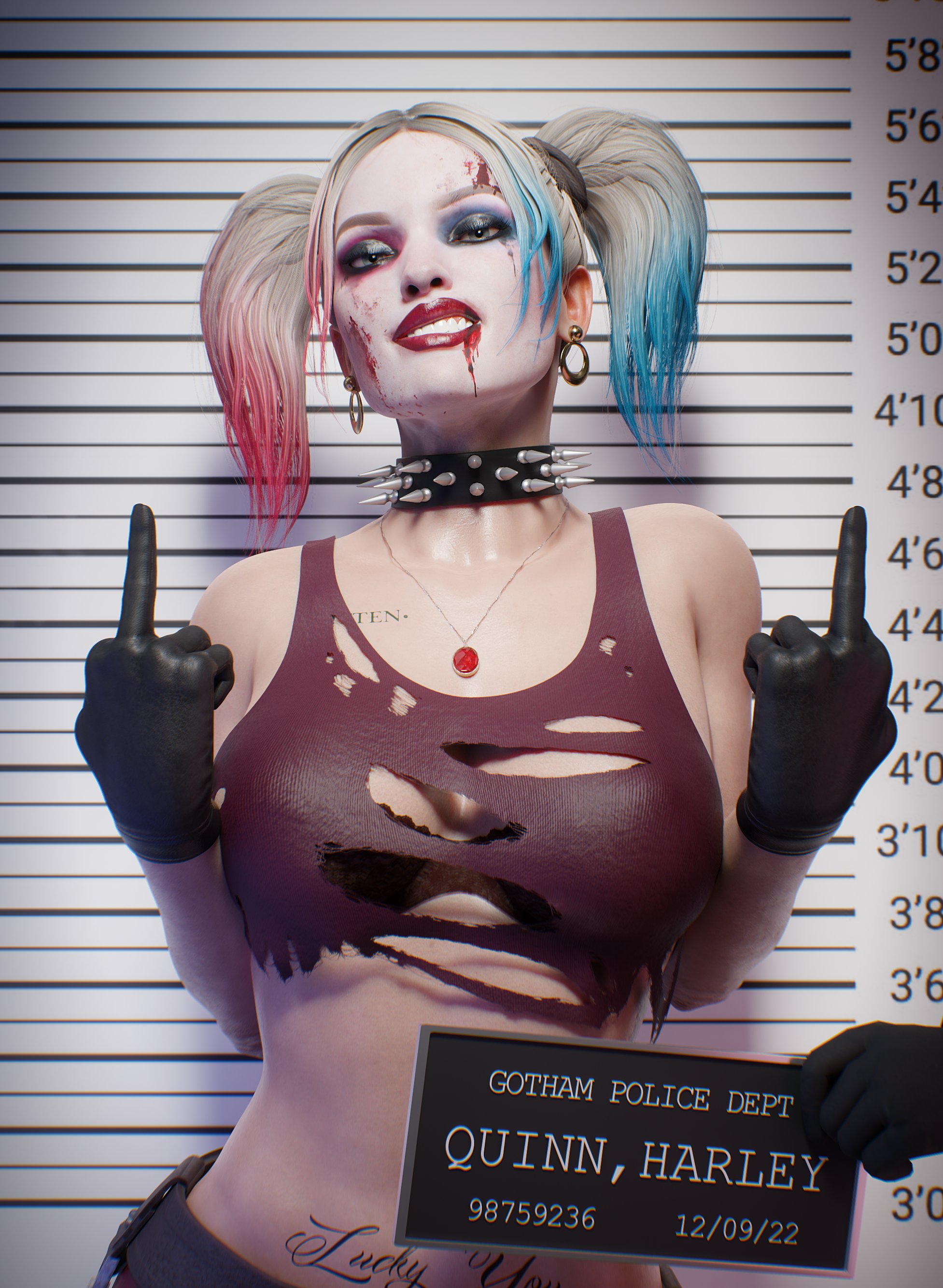 1girls, 3d, batman (series), black gloves, blonde hair, blue eyes, choker, dc, dc comics, earrings, eyeshadow, female, female focus, female only, fugtrup, gloves, harley quinn, harley quinn (injustice), injustice 2, leather gloves, lipstick, looking at viewer, middle finger, necklace, smile, solo, tattoo, twintails