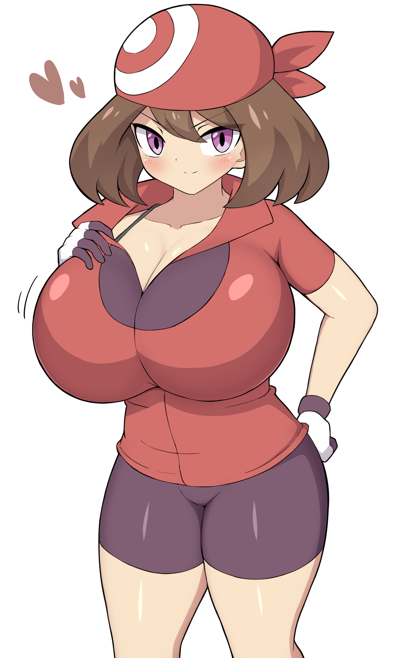 1girls, big breasts, bike shorts, breasts, brown hair, cleavage, female, female only, game freak, huge breasts, human, jaga334, jpeg, may (pokemon), nintendo, pokemon, pokemon rse, red bandana, smile, solo, solo female, tagme, thick thighs, violet eyes