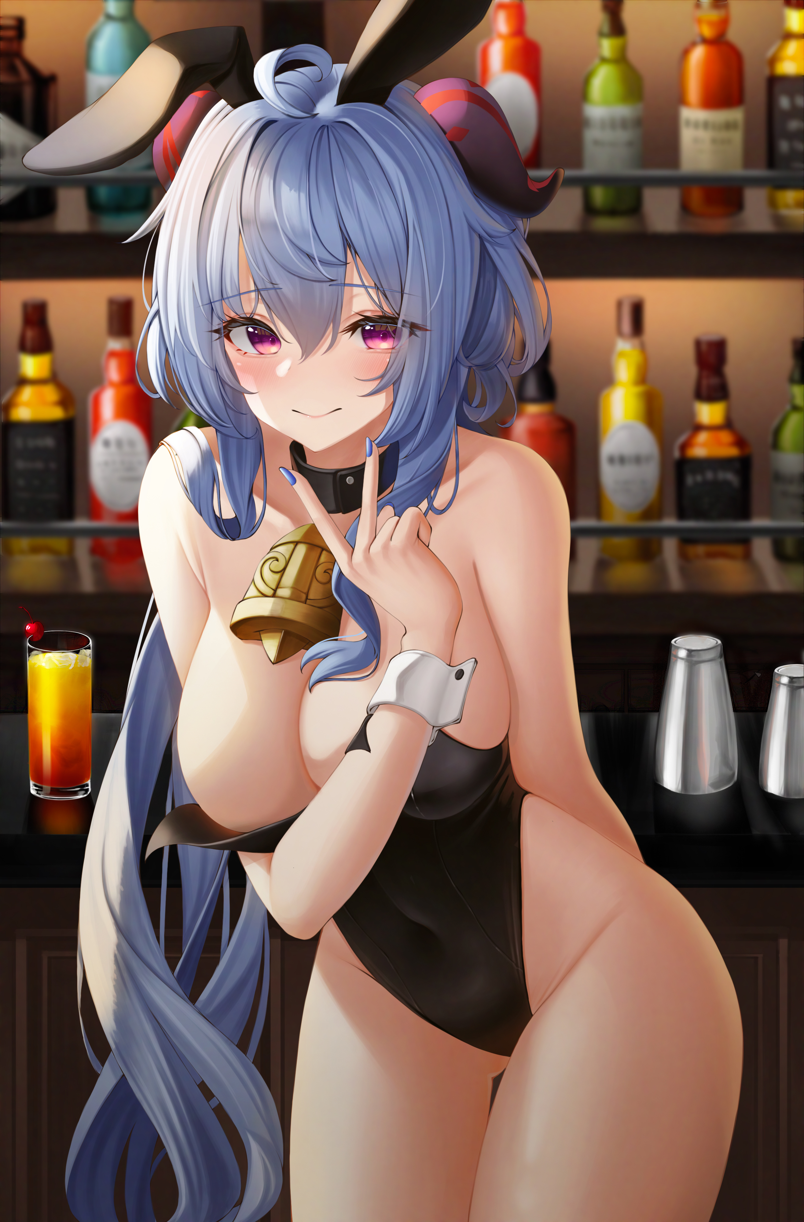 :), 1girls, big breasts, blue hair, breasts, embarrassed, female, female focus, female only, ganyu (genshin impact), genshin impact, goonsso11, peace sign, purple eyes, thick thighs, thighs
