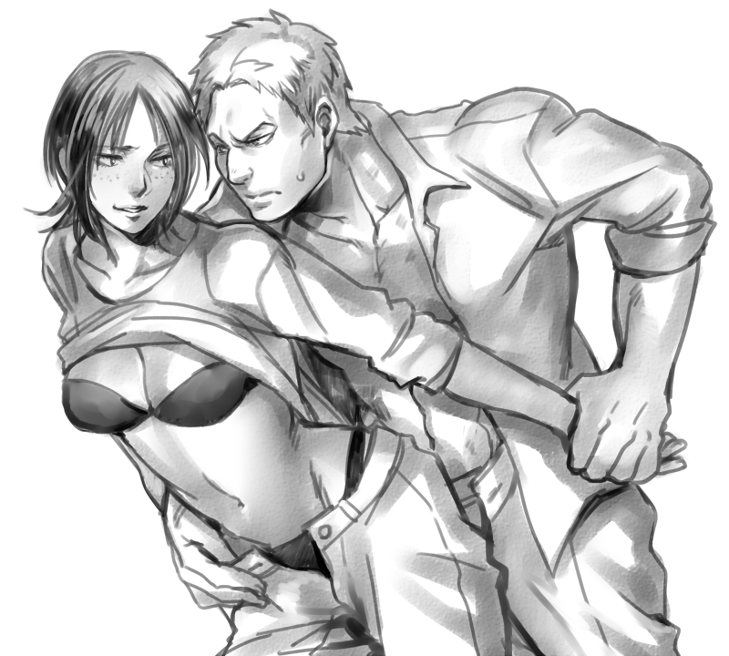 1boy 1girls abs attack_on_titan bra cleavage exposed_chest female fit_male freckles freckles_on_face from_behind grabbed_from_behind grabing_from_behind hand_grab male male/female male_abs marleyan_and_eldian monochrome muscular muscular_male reiner_braun shingeki_no_kyojin shirt_up straight taking_clothes_off tomboy underwear undressing ymir_(shingeki_no_kyojin)